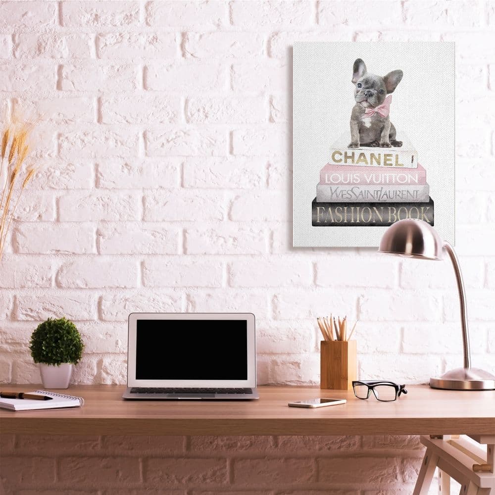 Stupell Industries Dashing French Bulldog and Iconic Fashion Bookstack Canvas Wall Art