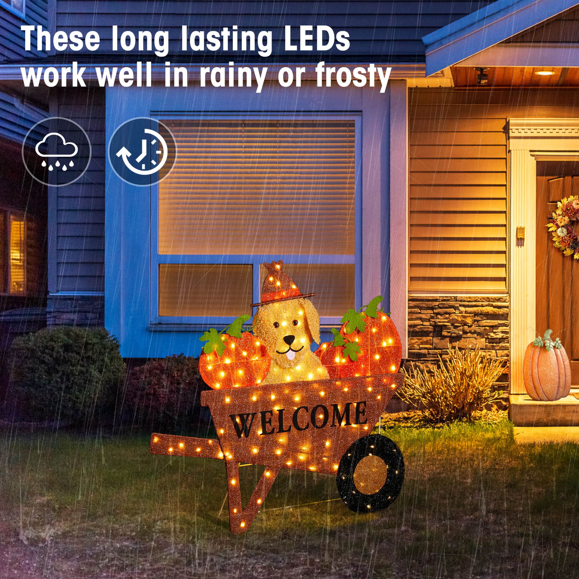 Glitzhome&#xAE; 36.25&#x22; Lighted Fall Pumpkin Wheel Barrow Outdoor Decor with Warm White LED Lights
