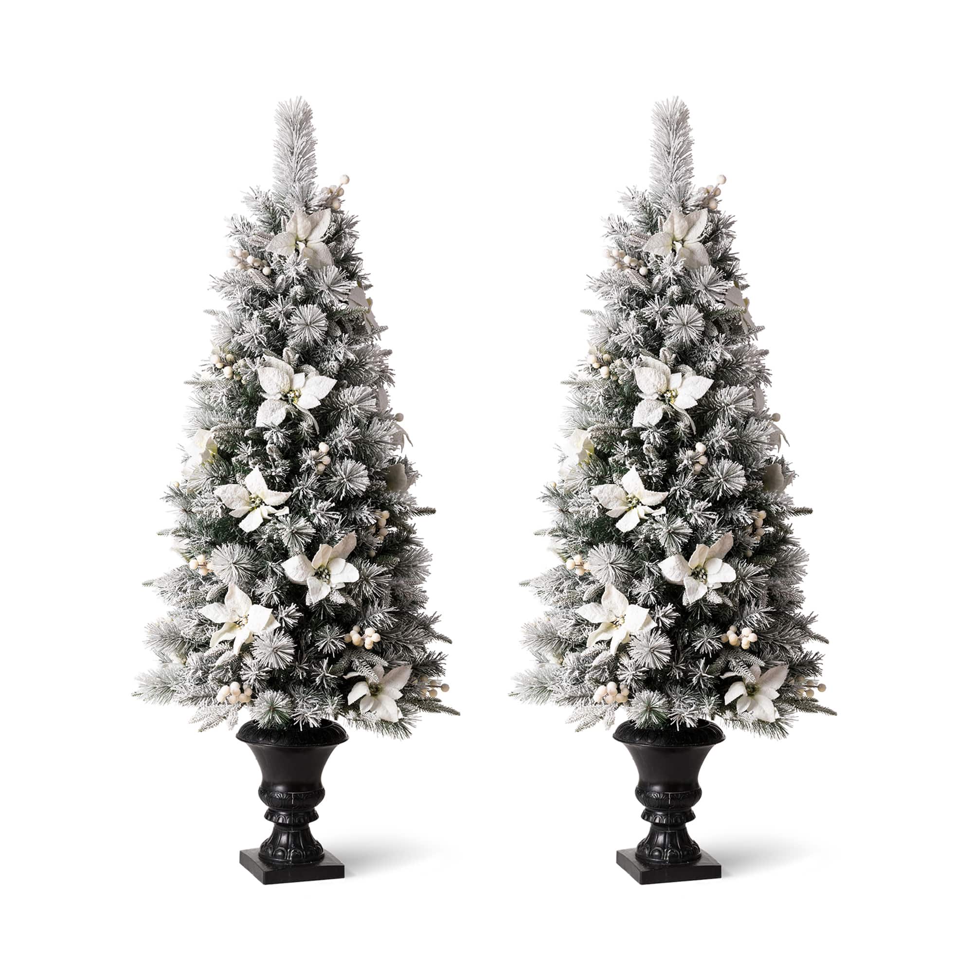 5ft. Pre-Lit Flocked Pine Artificial Christmas Tree in Planter Set, Warm White LED Lights