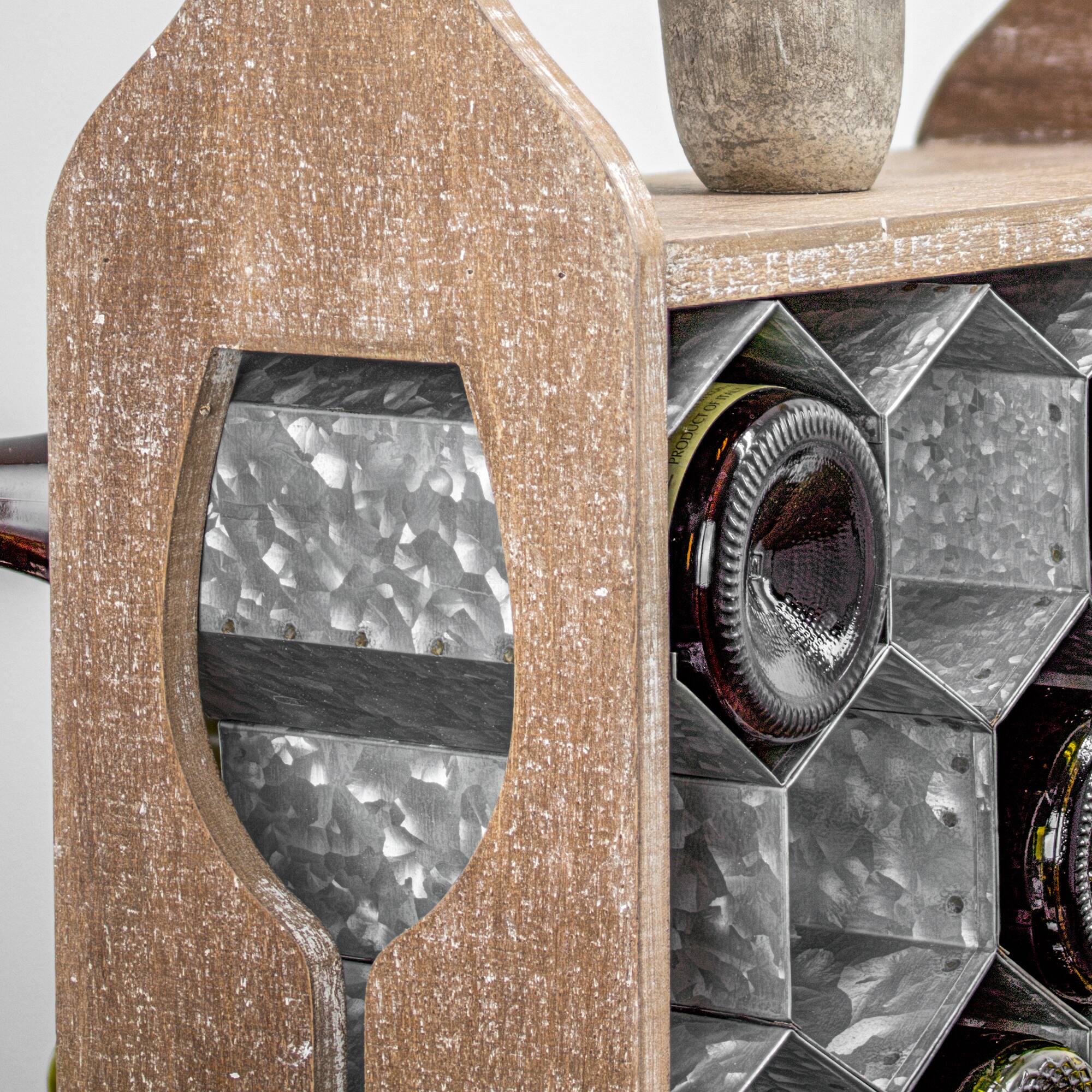 20" Rustic Wood & Metal Wine Rack with Handle