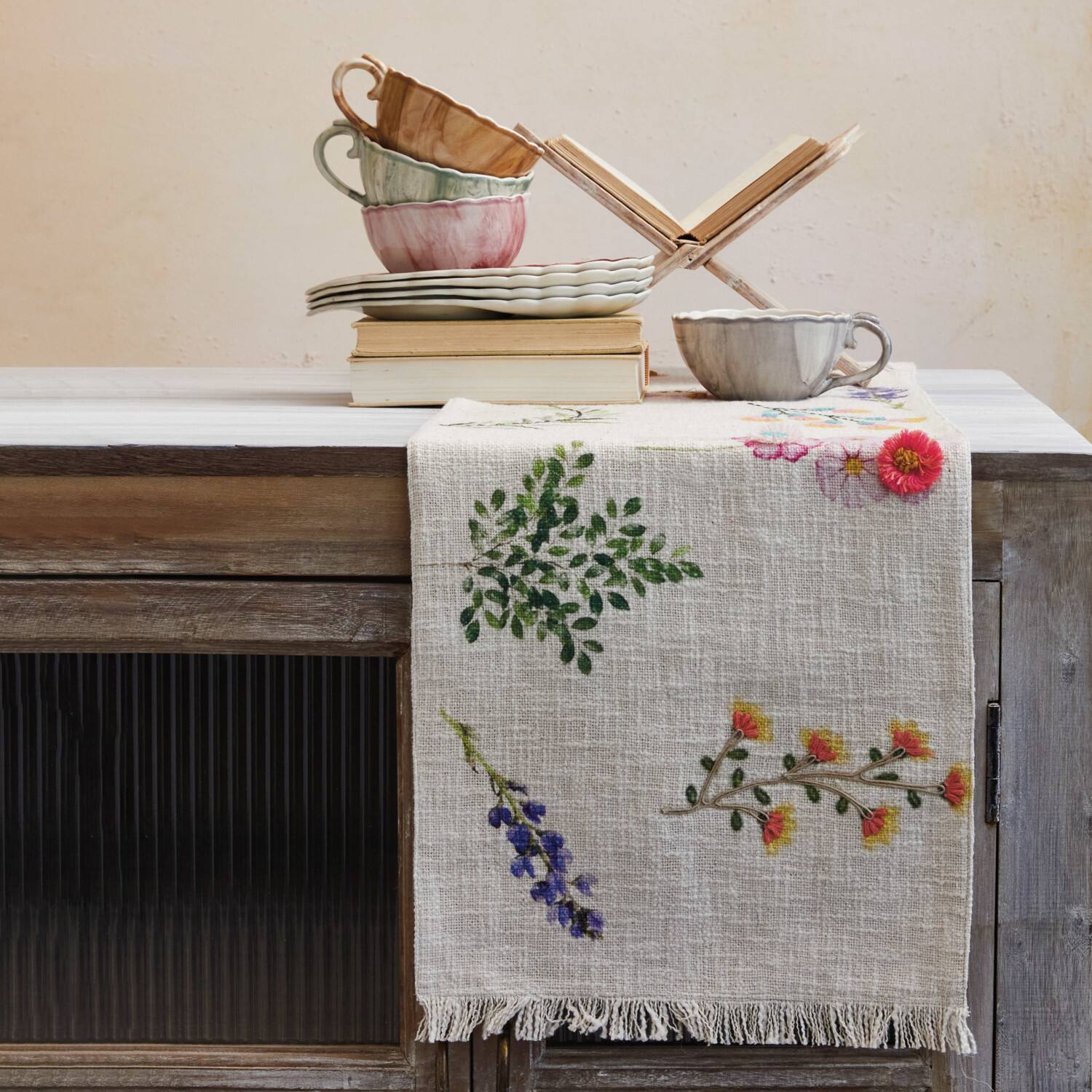 Hello Honey&#xAE; 72&#x22; Multicolor Slub Printed Embroidered Flower Table Runner