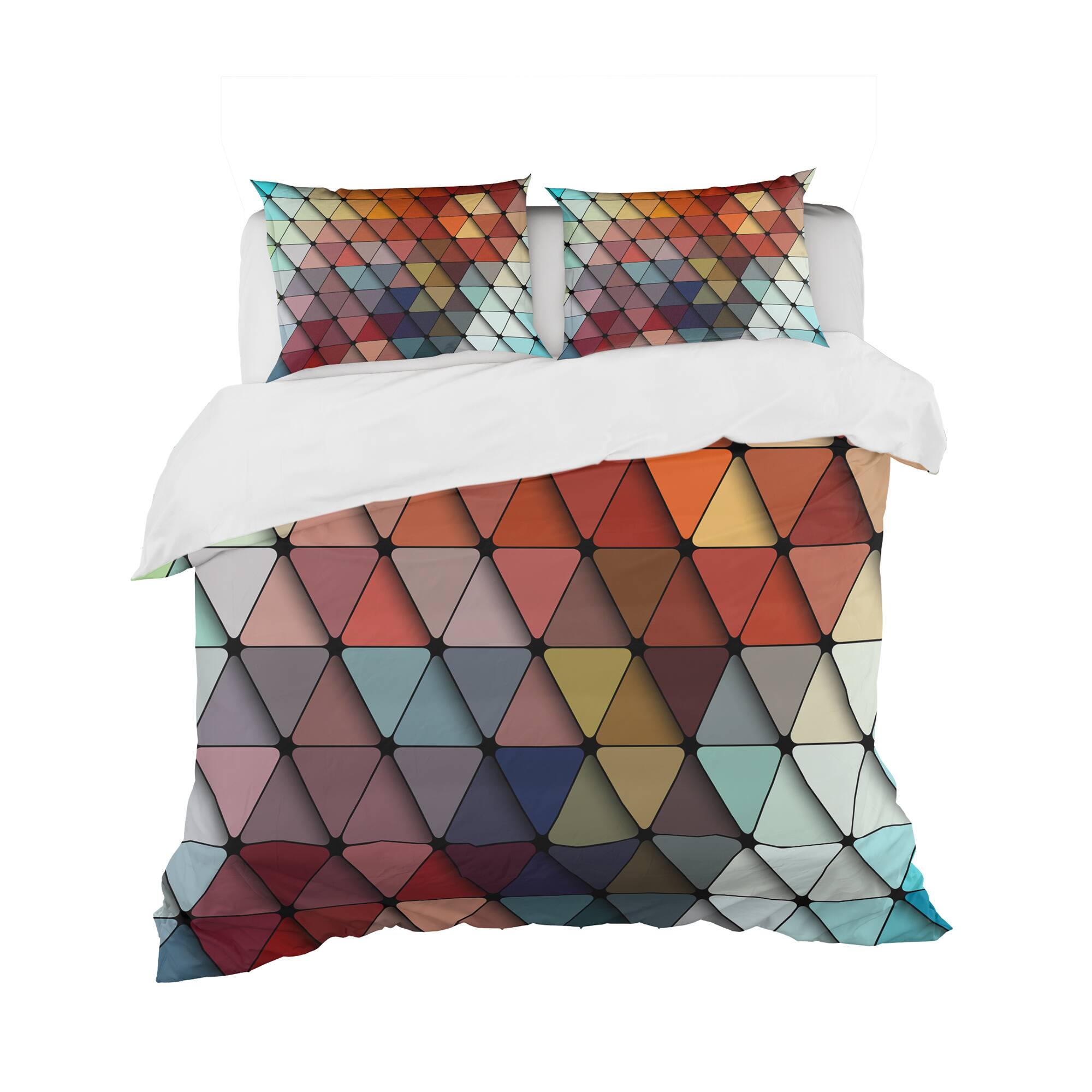 Designart &#x27;3D Diamond Shaped Geometry in Shades of Blue and Red&#x27; Modern &#x26; Contemporary Bedding Set - Duvet Cover &#x26; Shams