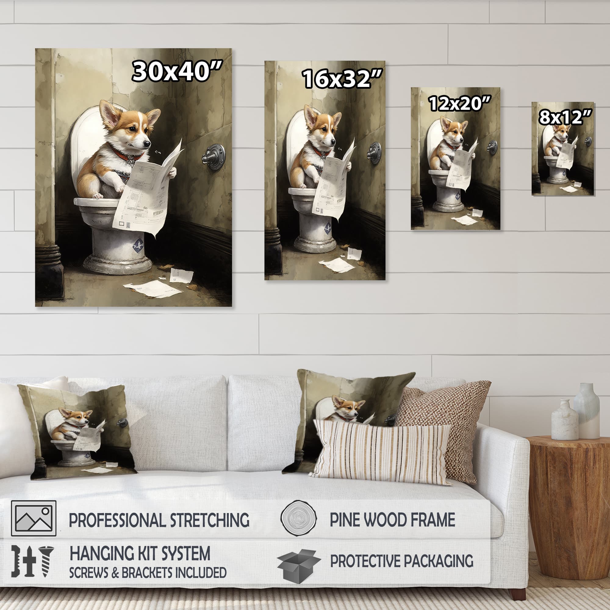 Designart 'Silly Corgi Reading News On Toilet' Animals Canvas Wall Art