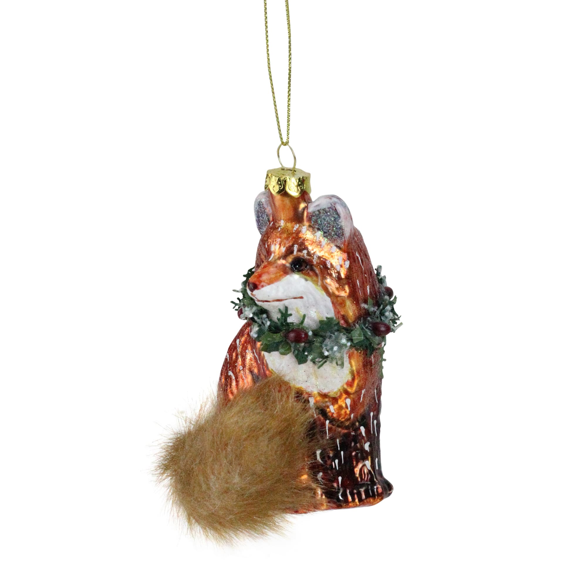 Brown & Green Fox with Faux Fur Tail & Wreath Ornament