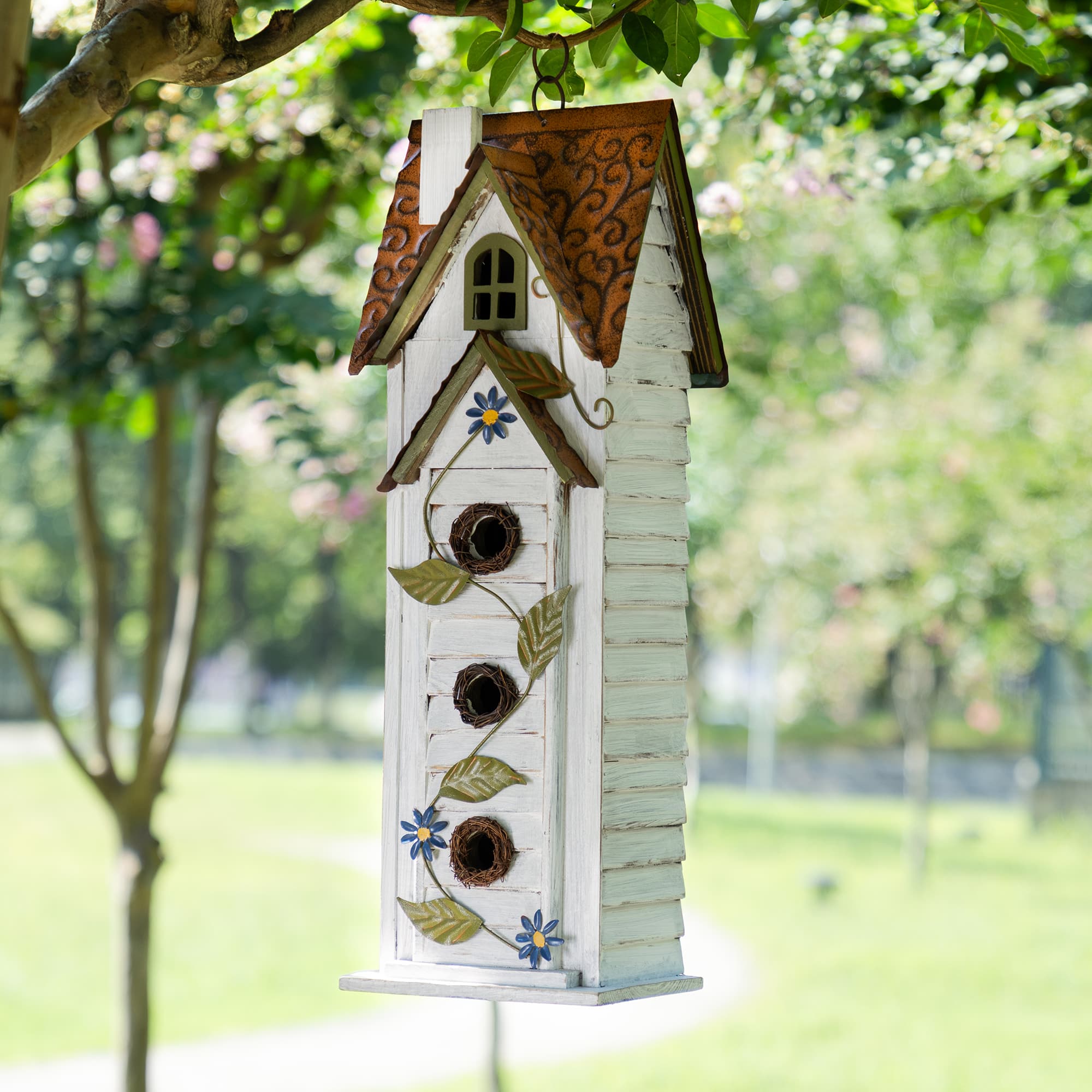 Glitzhome® 24.25" Oversized Washed White 3-Tiered Solid Wood Villa Birdhouse