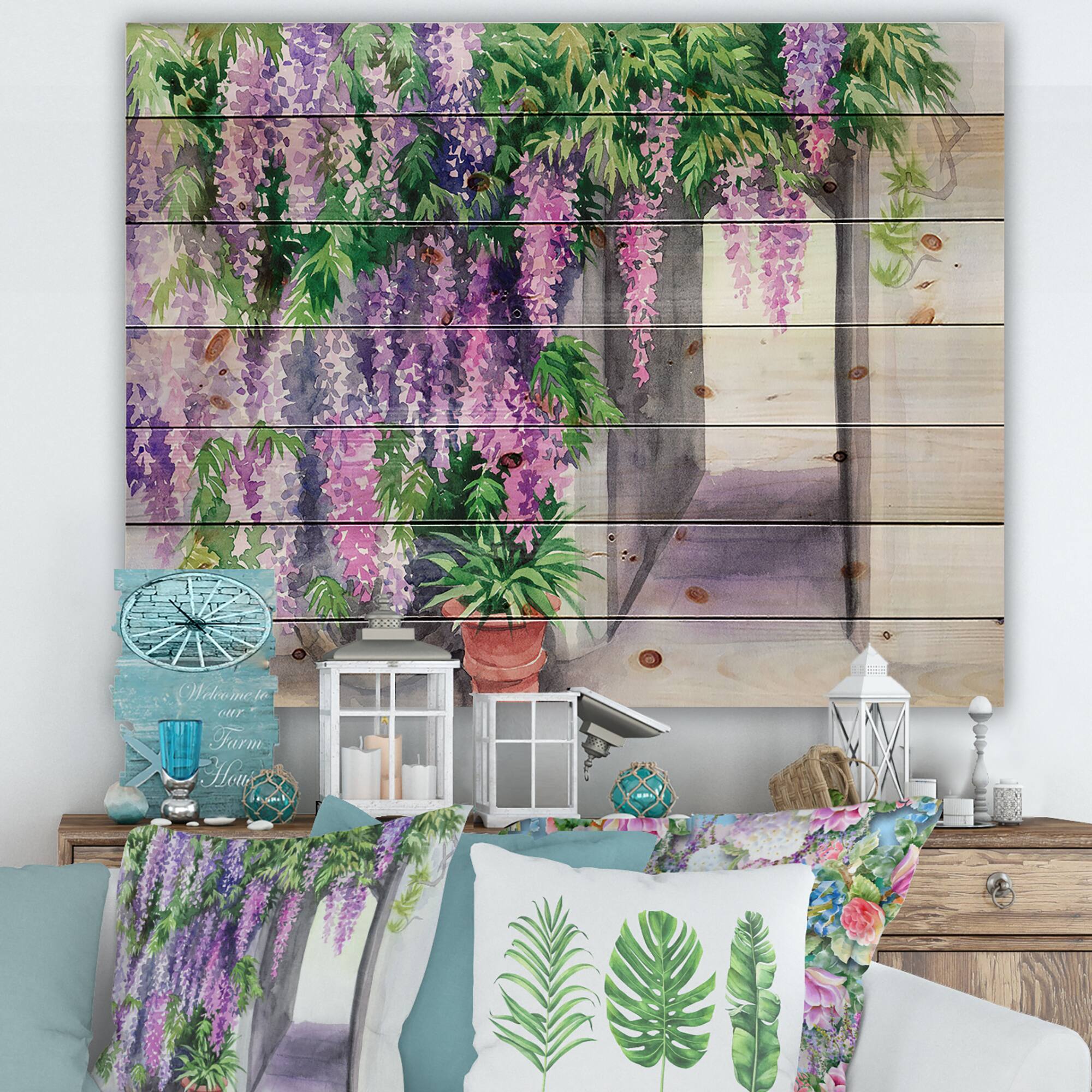 Designart - Wisteria Blossom - Traditional Print on Natural Pine Wood