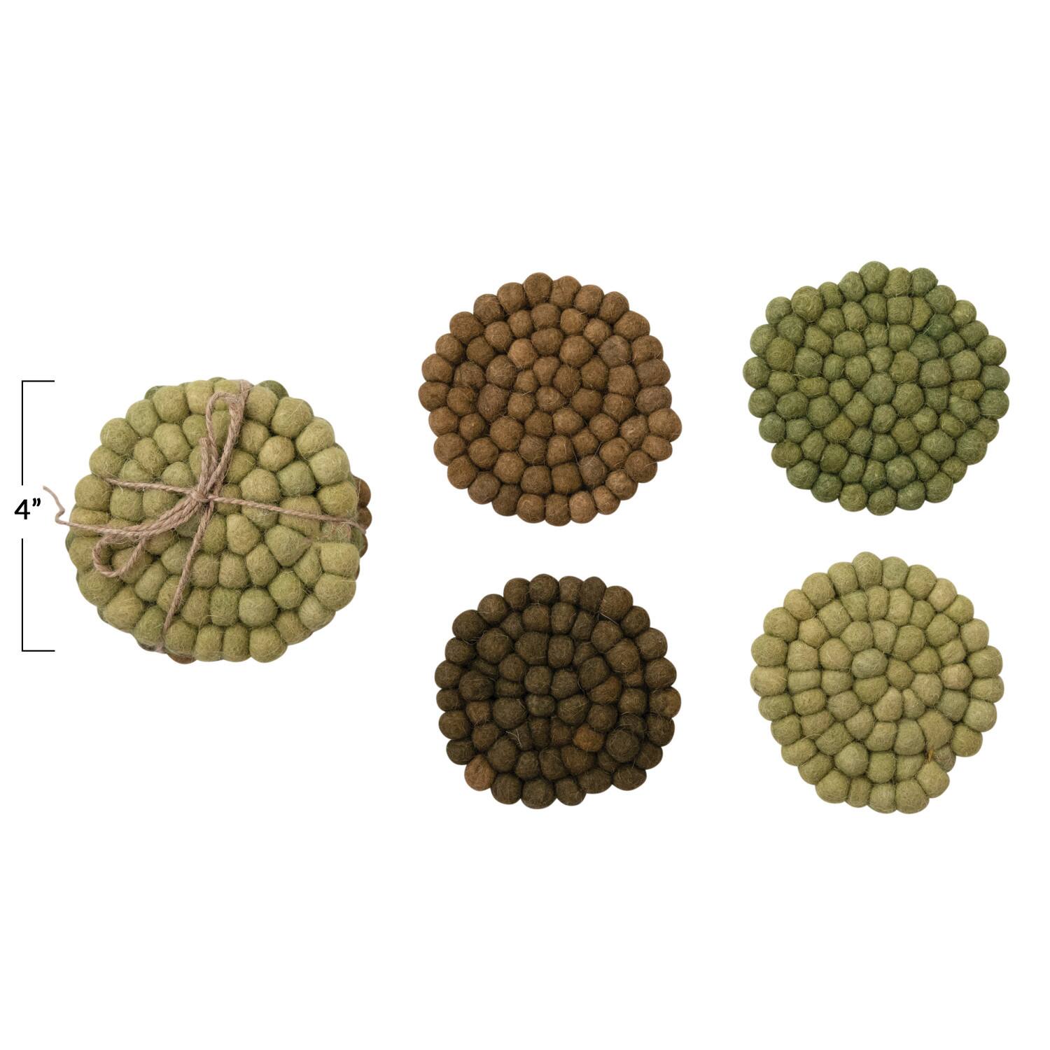 Hello Honey® Green Tones Handmade Wool Felt Ball Coaster Set