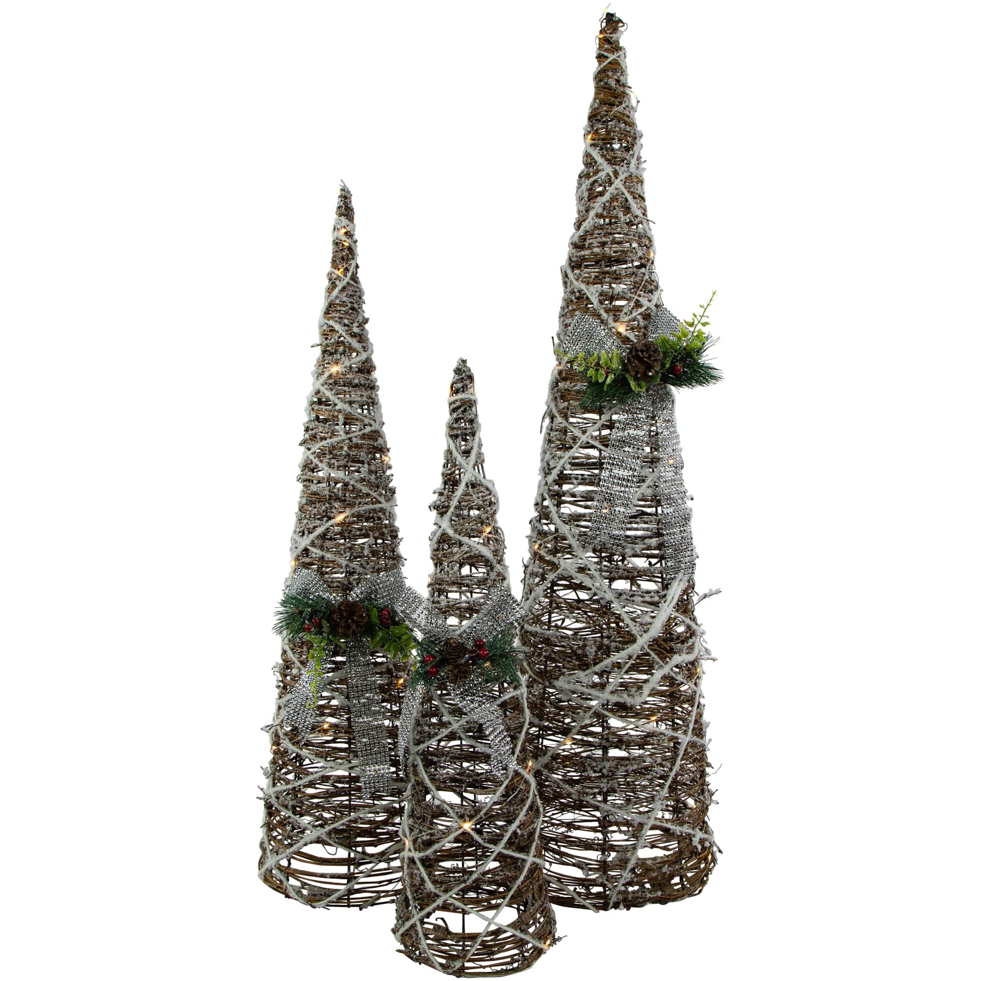 LED Lighted Pine & Berries Cone Christmas Tree Decorations Set