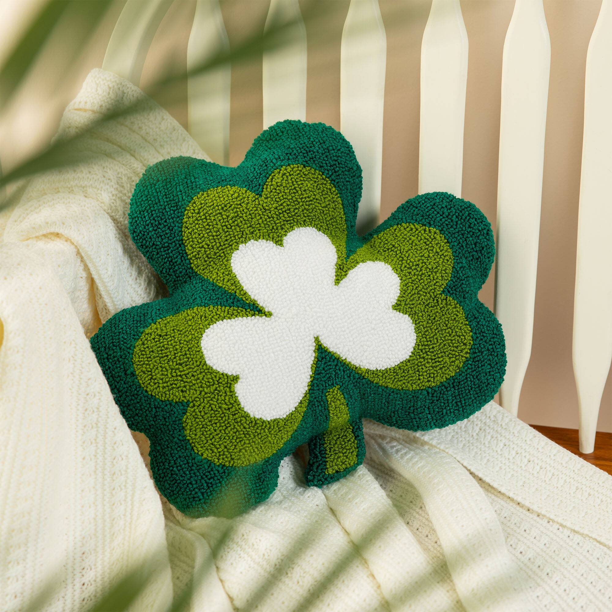 Glitzhome® 14" St. Patrick's Hooked Shamrock-Shaped Pillow
