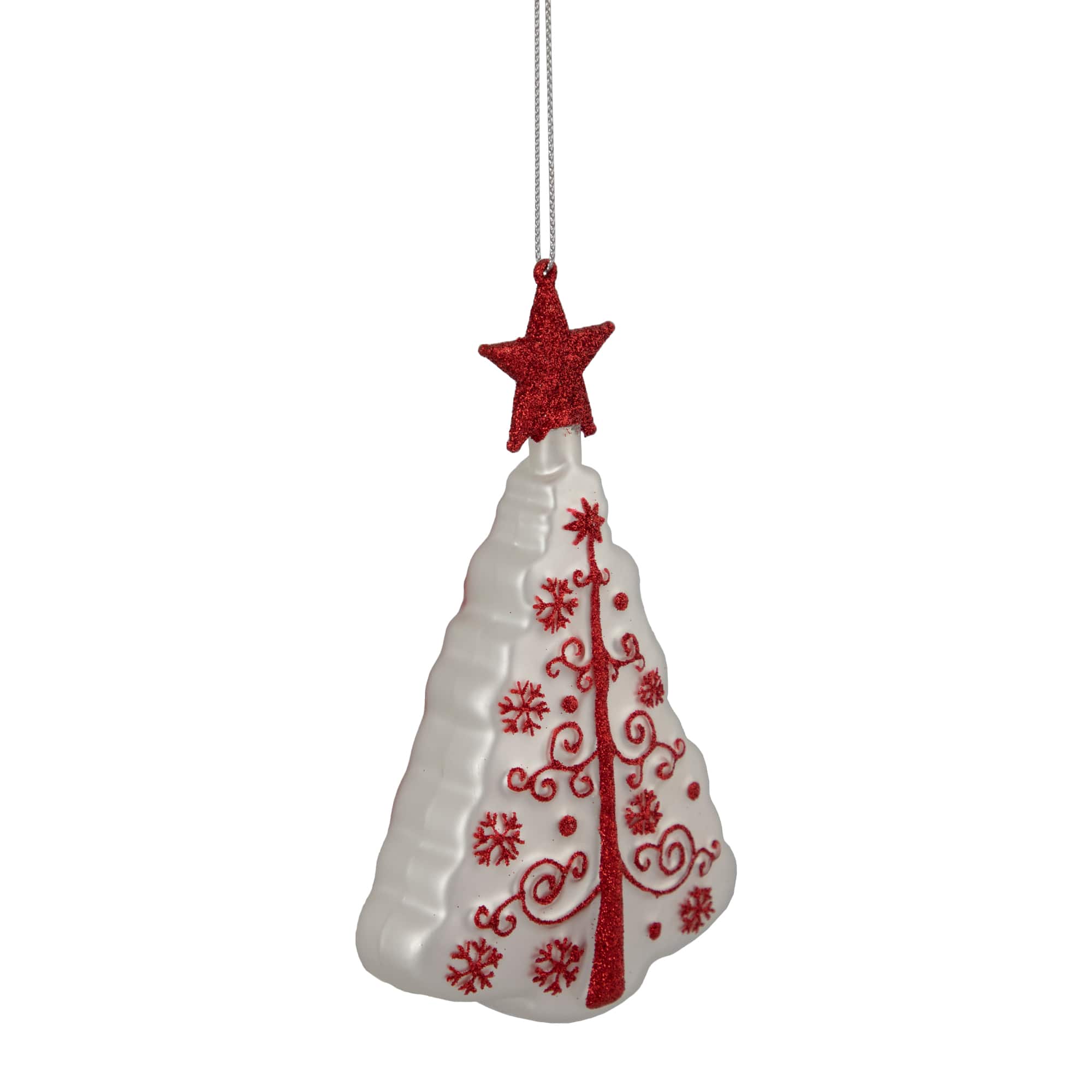 6&#x22; White &#x26; Red Christmas Tree Glass Ornament
