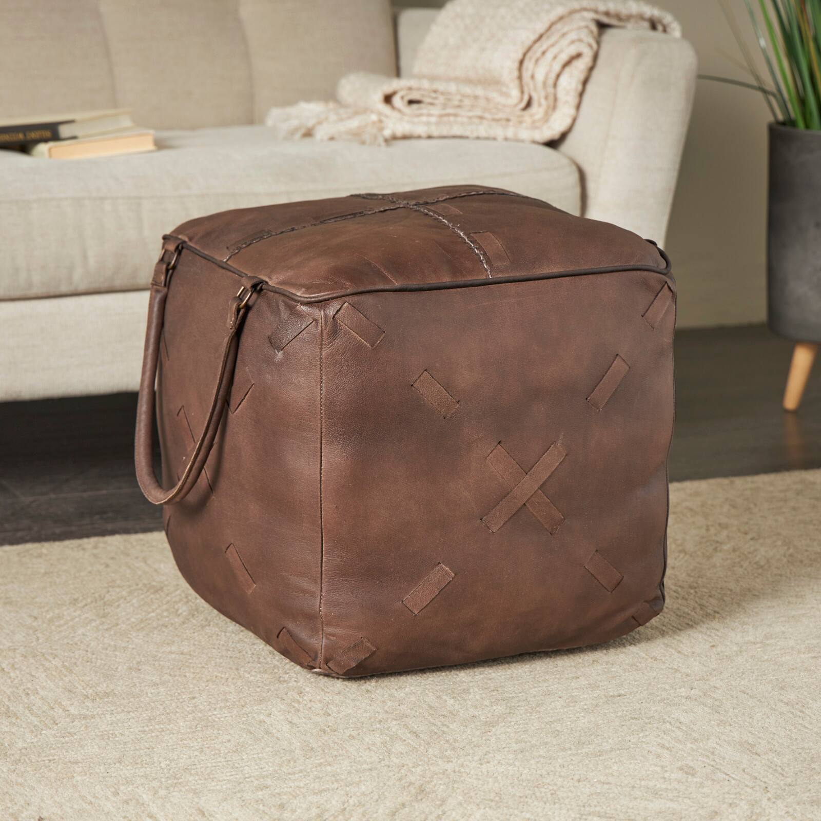 22&#x22; Leather Pouf with Woven Straps &#x26; Handles