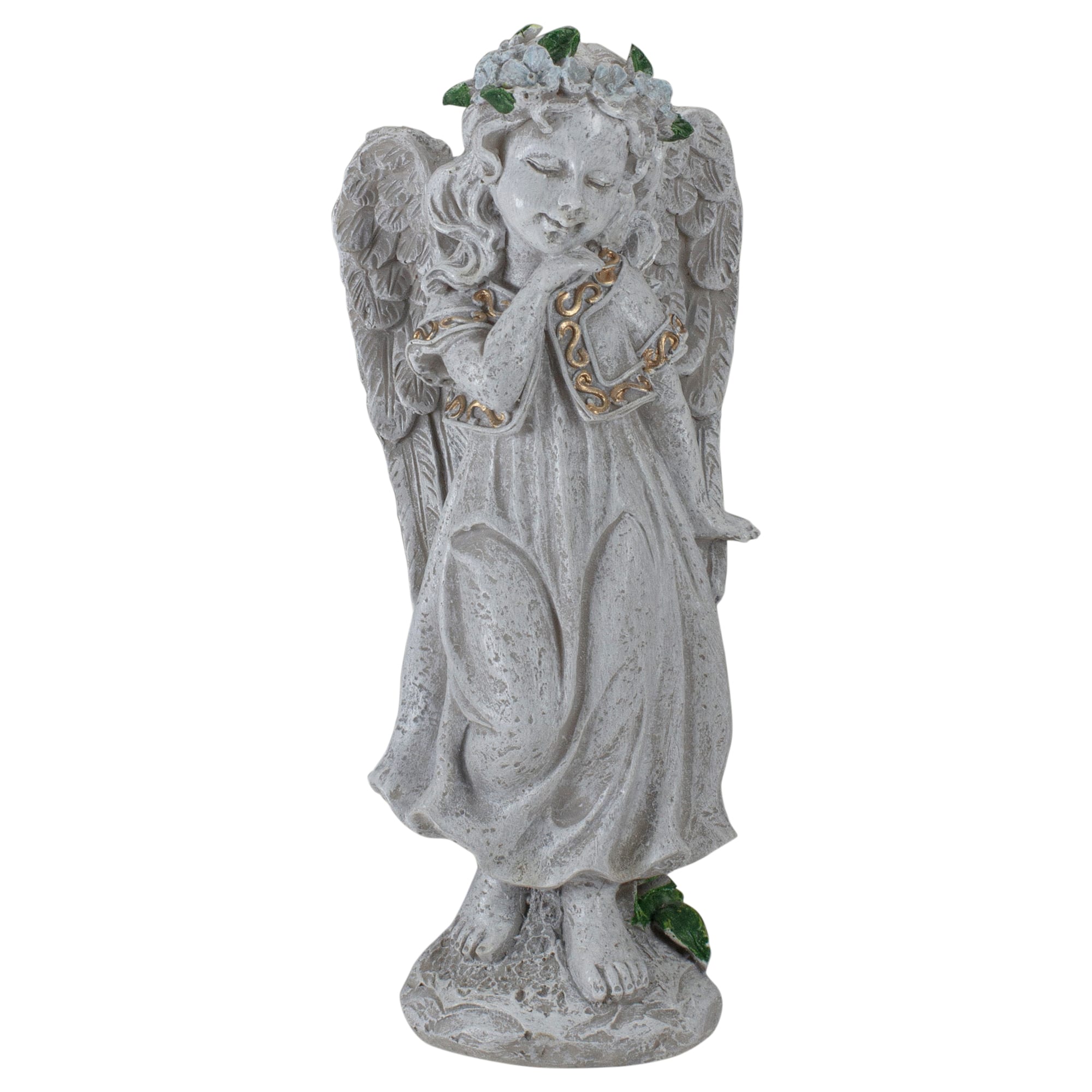 10&#x22; Gray Angel Girl with Floral Crown Garden Statue