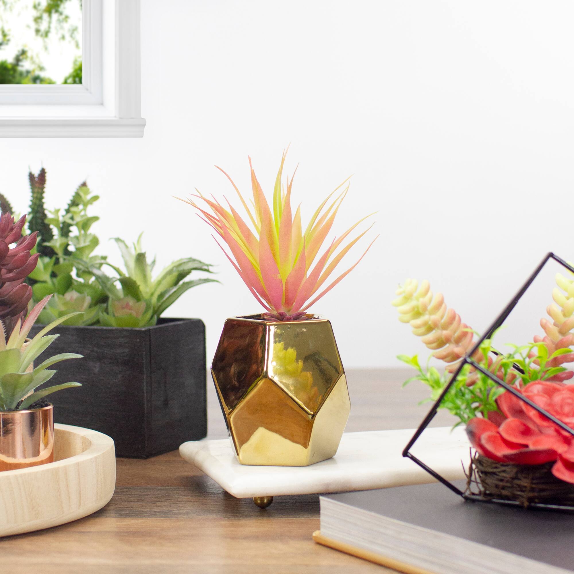 8" Green & Pink Sword Grass in Gold Geometric Pot