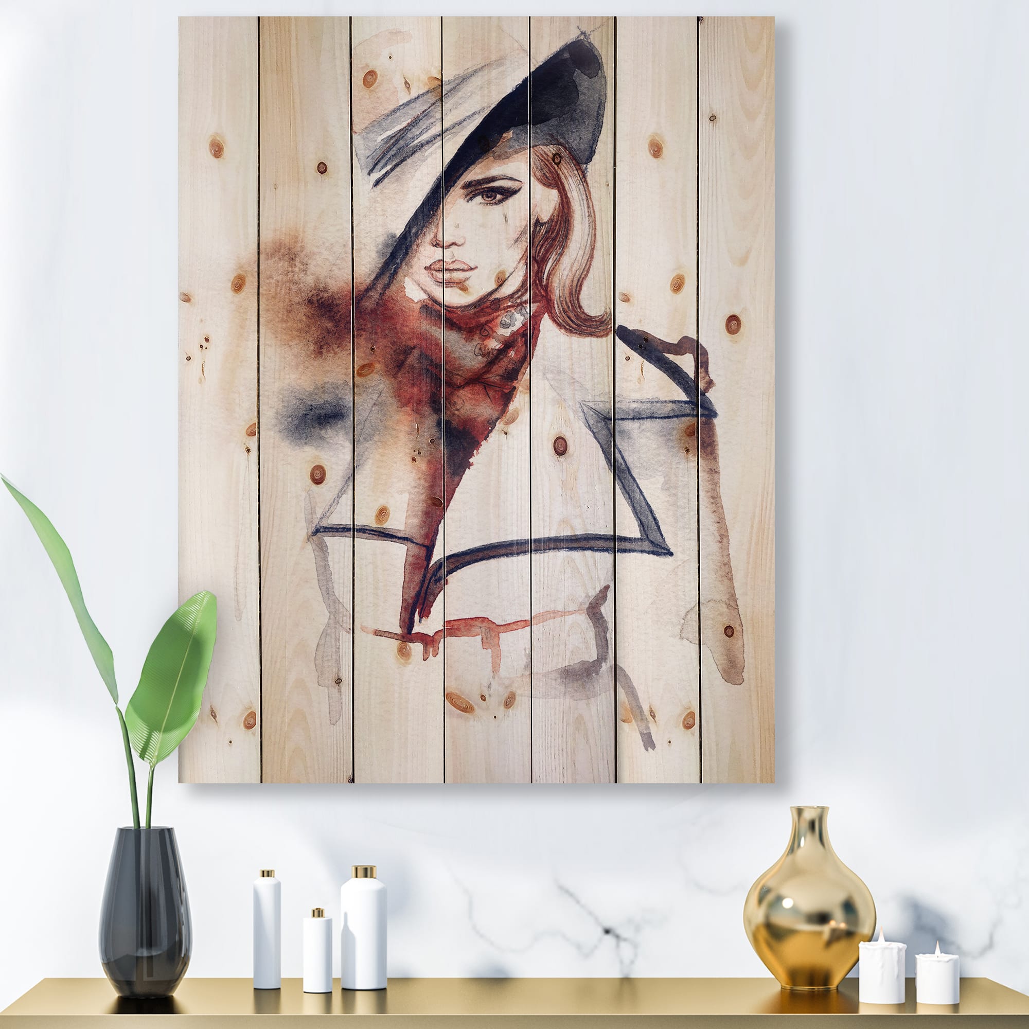 Designart - Fashion Portrait of Woman With Ht - Modern Print on Natural Pine Wood