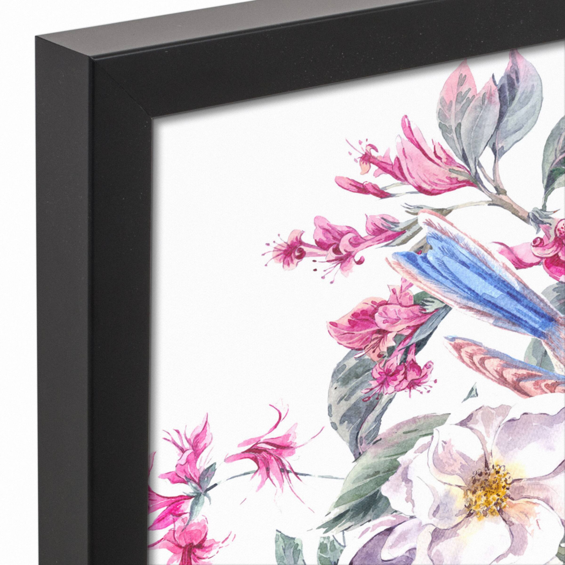 Floral Bird on Branch 11" x 14" Black Framed Canvas