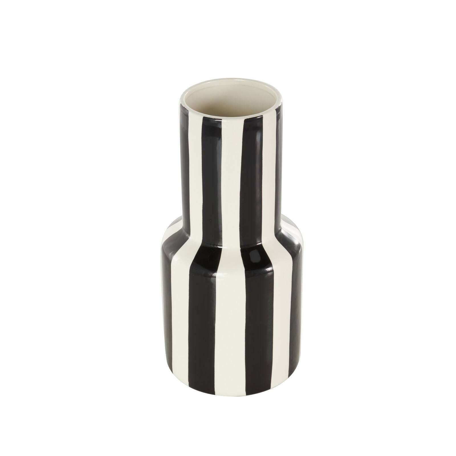 11" White & Black Stripes Round Wide Ceramic Vase