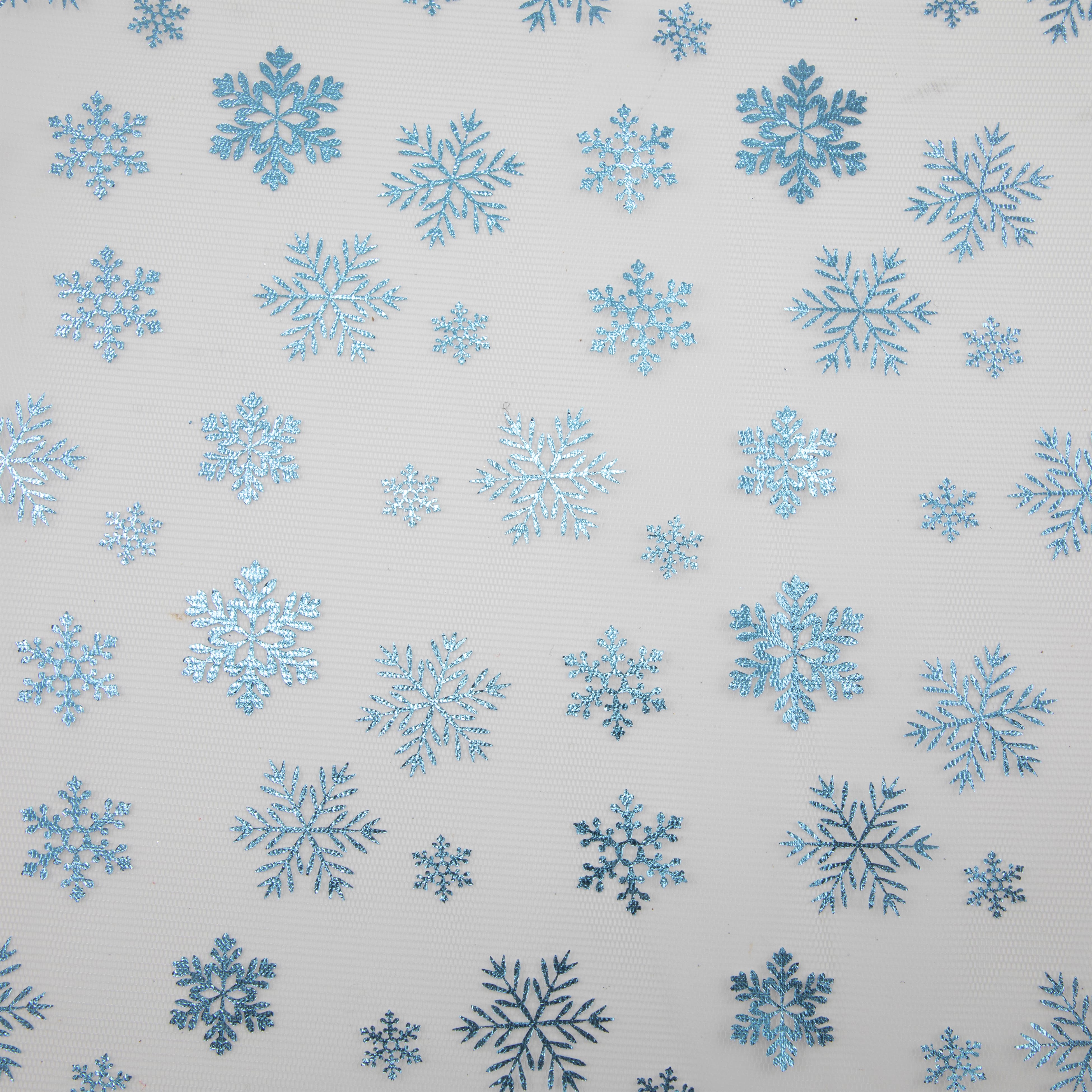 White Mesh with Blue Snowflakes Polyester Fabric