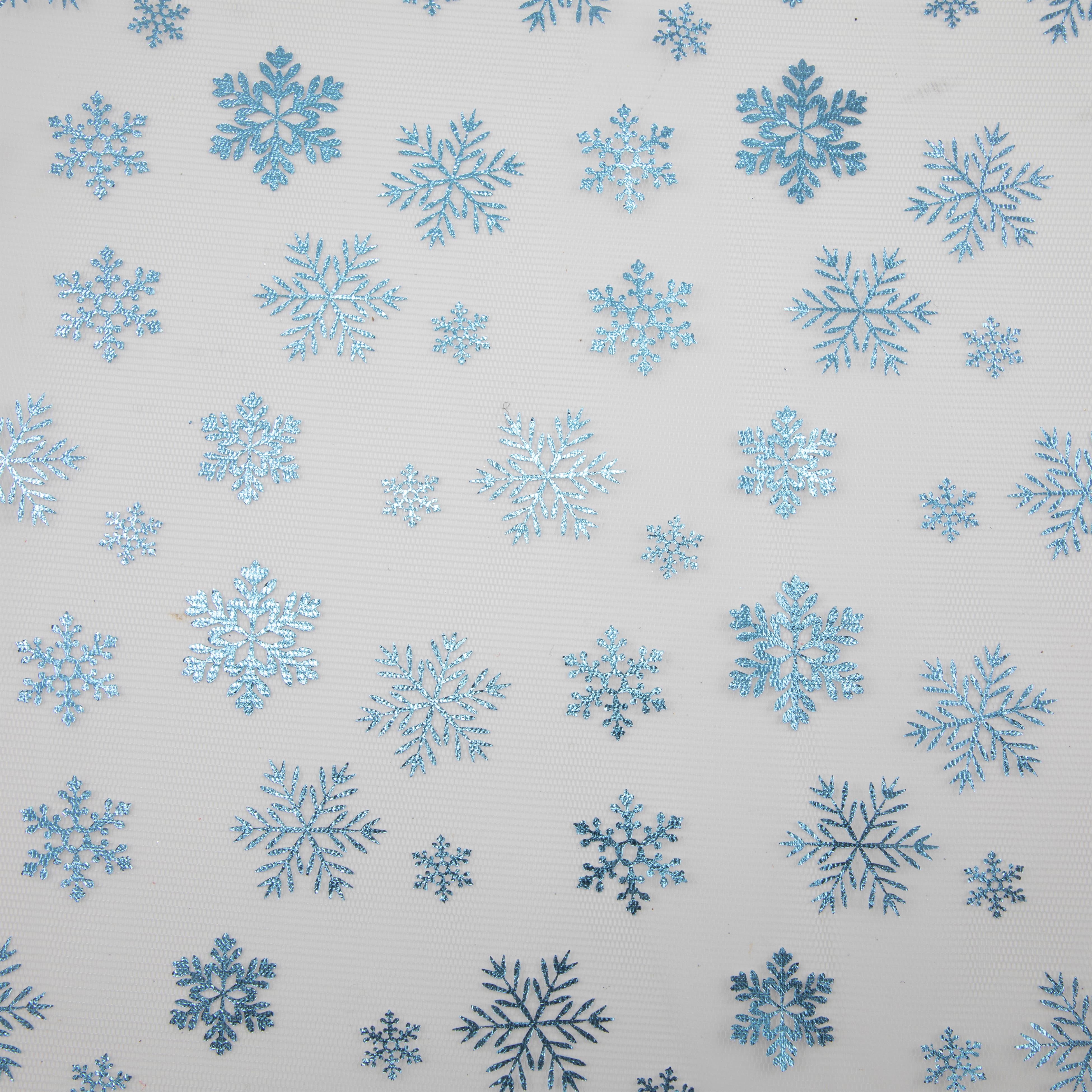 Wyla White Mesh with Blue Snowflakes Polyester Fabric