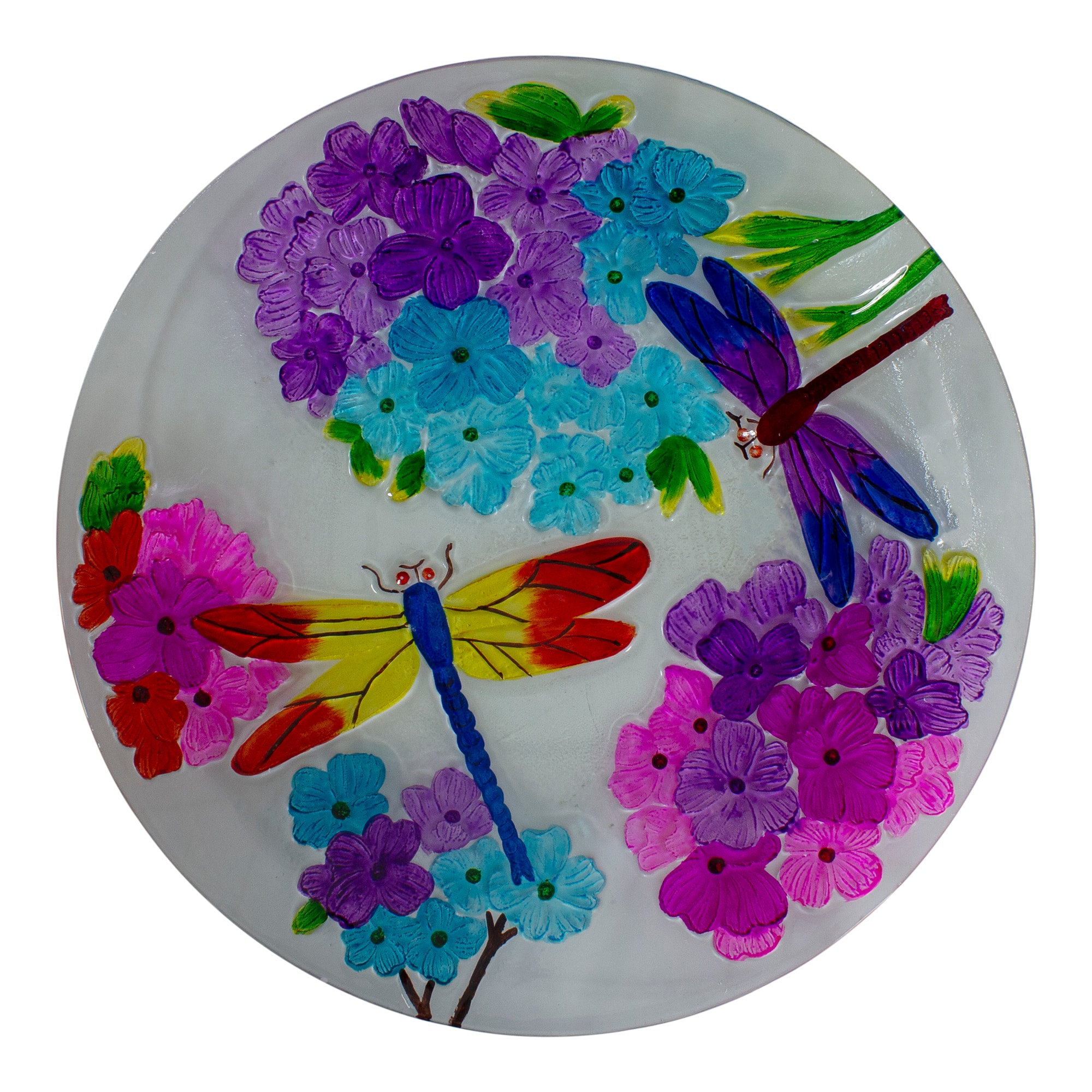 18'' Pink and Purple Dragonflies Hand Painted Glass Birdbath