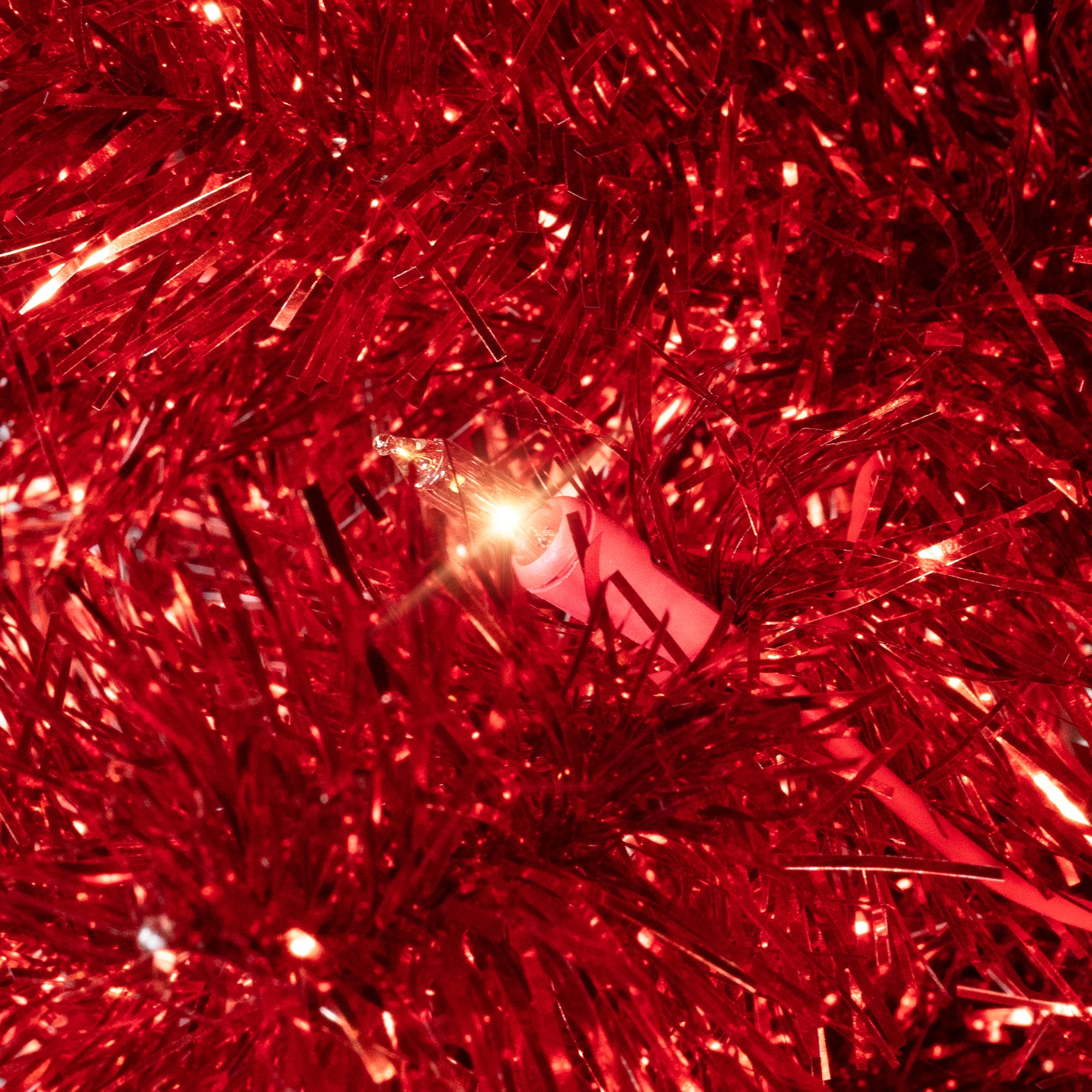 Pre-Lit Red Tinsel Artificial Christmas Tree, Clear Lights