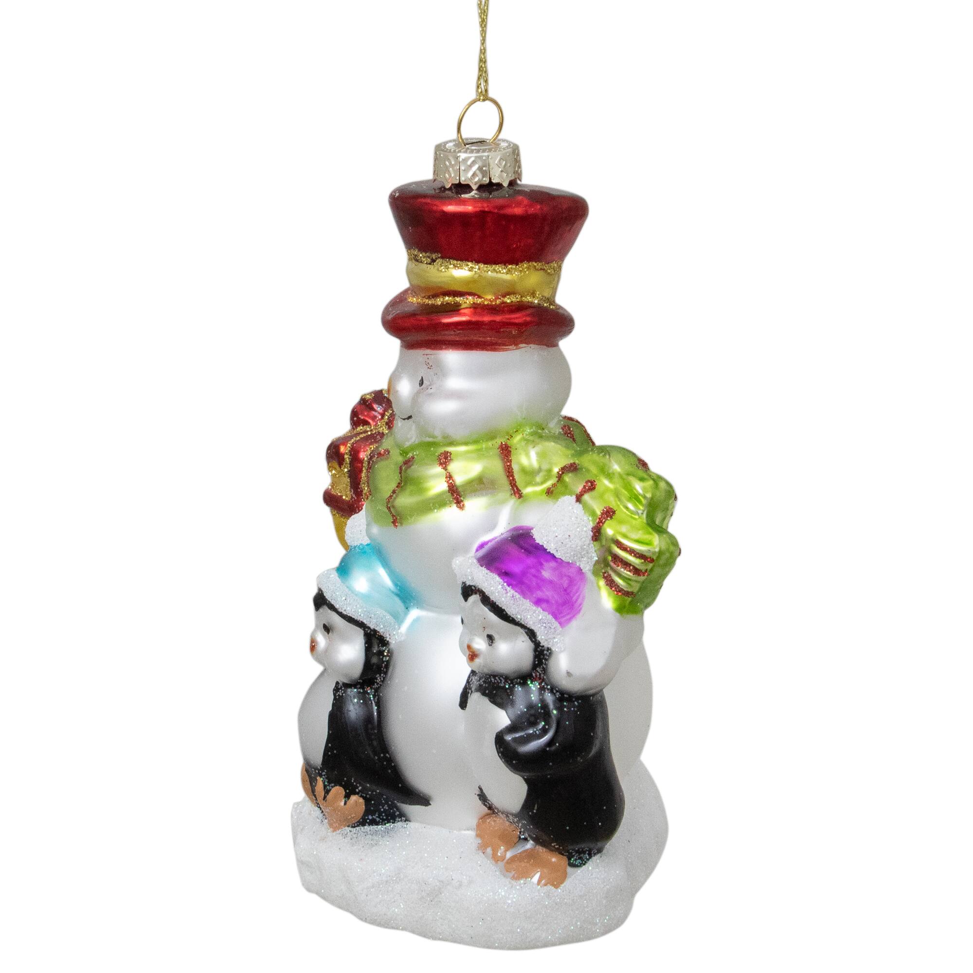 Snowman with Penguins Christmas Glass Ornament 
