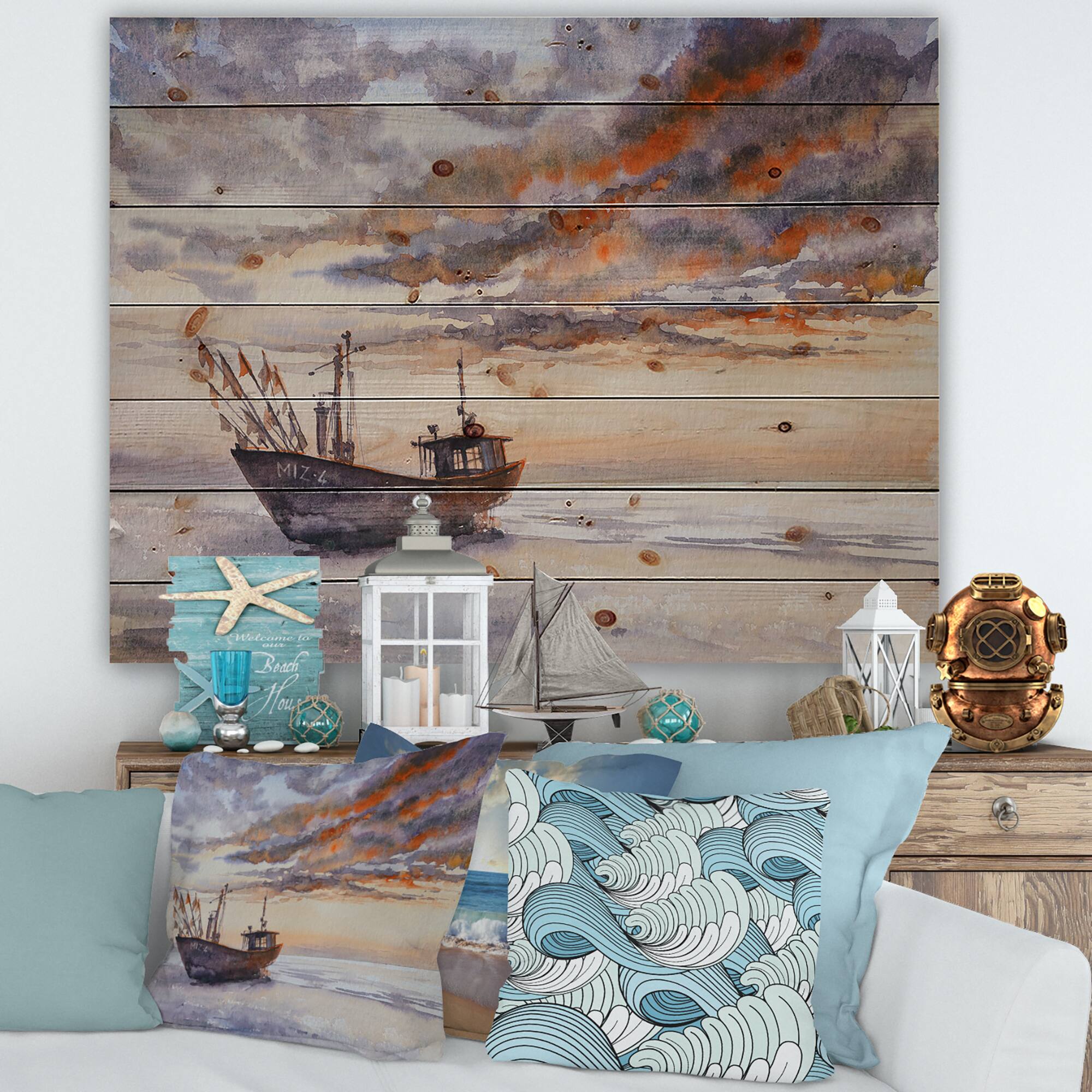 Designart - Wooden Fishing Boat On The Baltic Shore - Nautical &#x26; Coastal Print on Natural Pine Wood