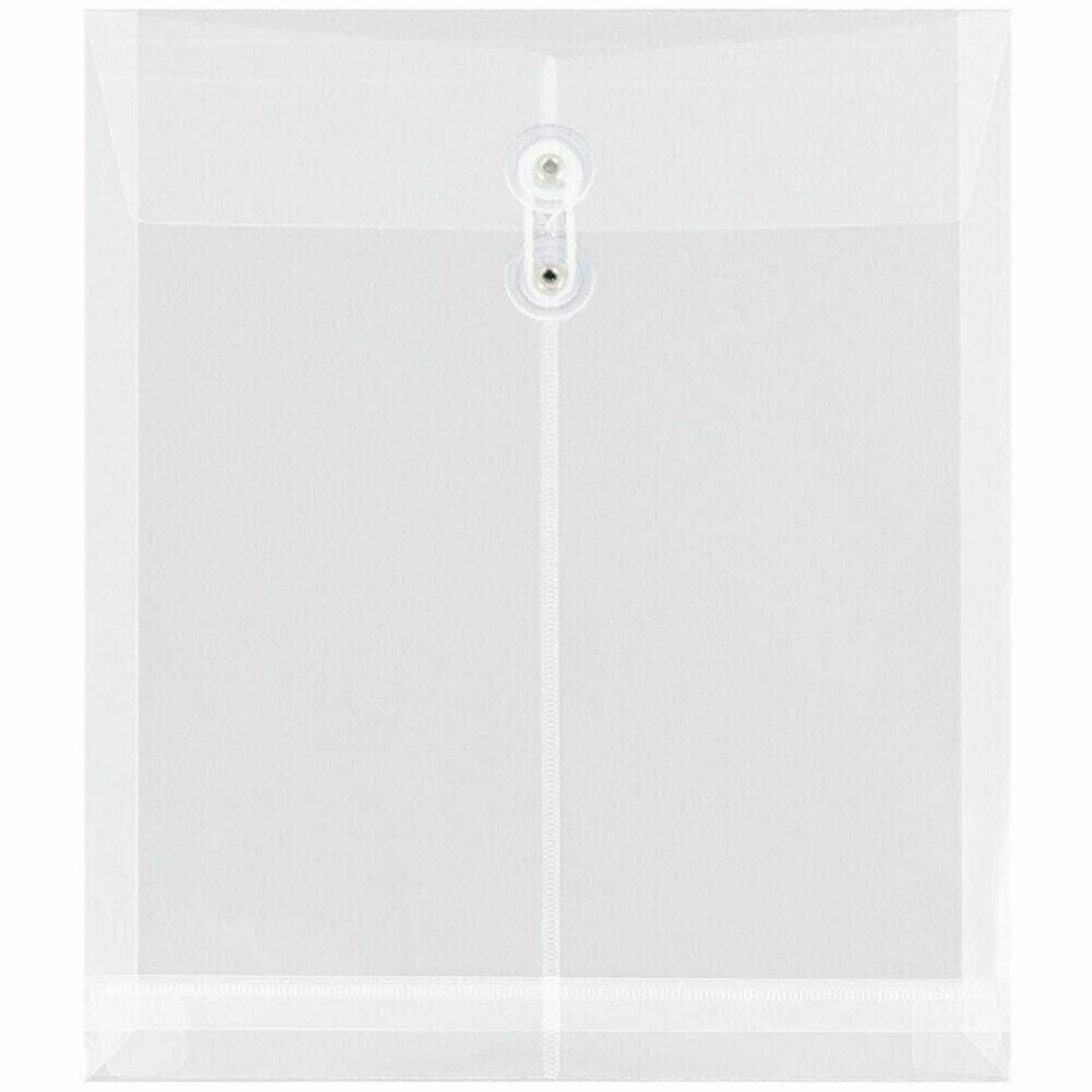 JAM Paper 9.75" x 13" Clear Plastic Button String Open End Envelopes, 6ct.