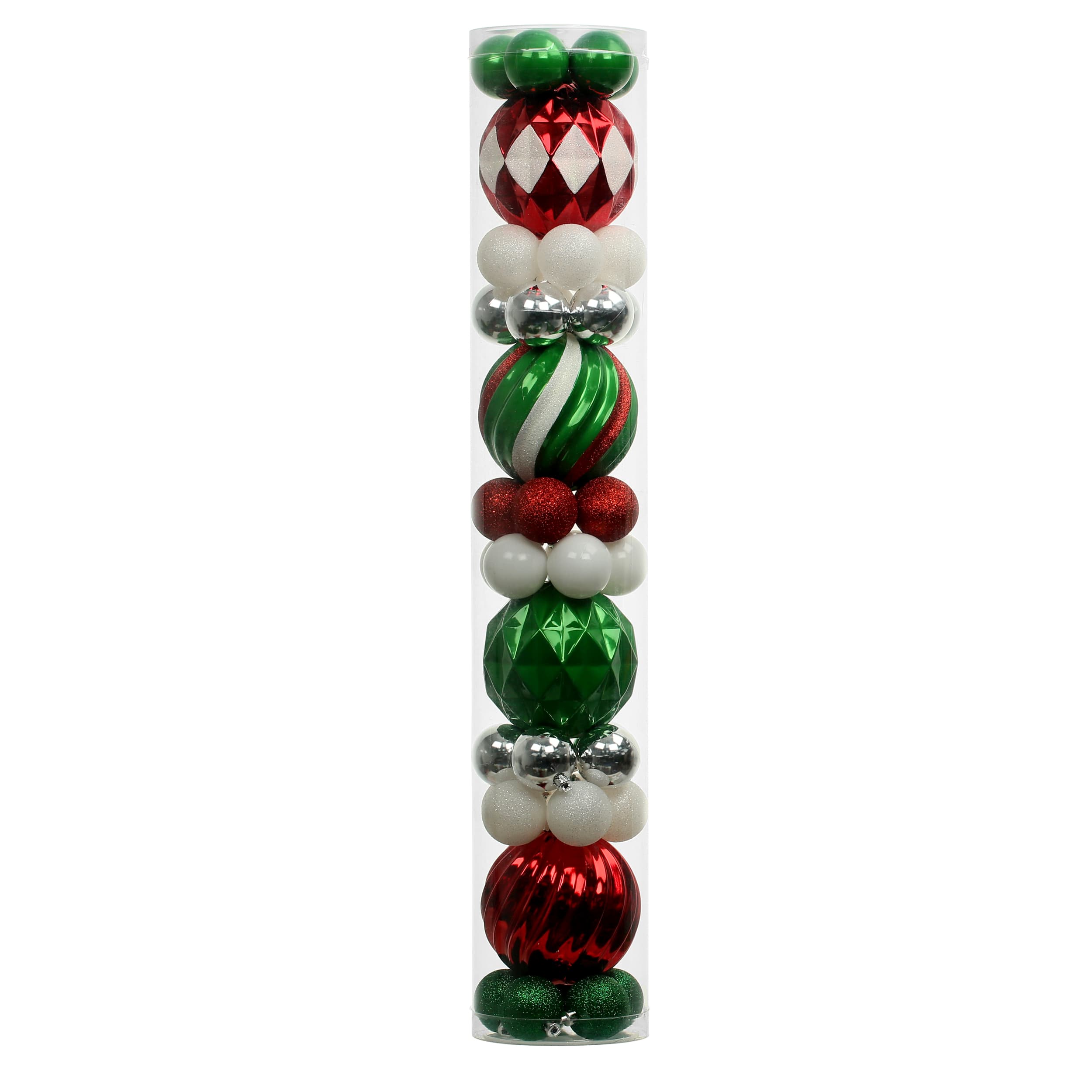 44 Pack 48mm &#x26; 120mm Red, White, Green &#x26; Silver Shatterproof Ball Ornaments by Ashland&#xAE;