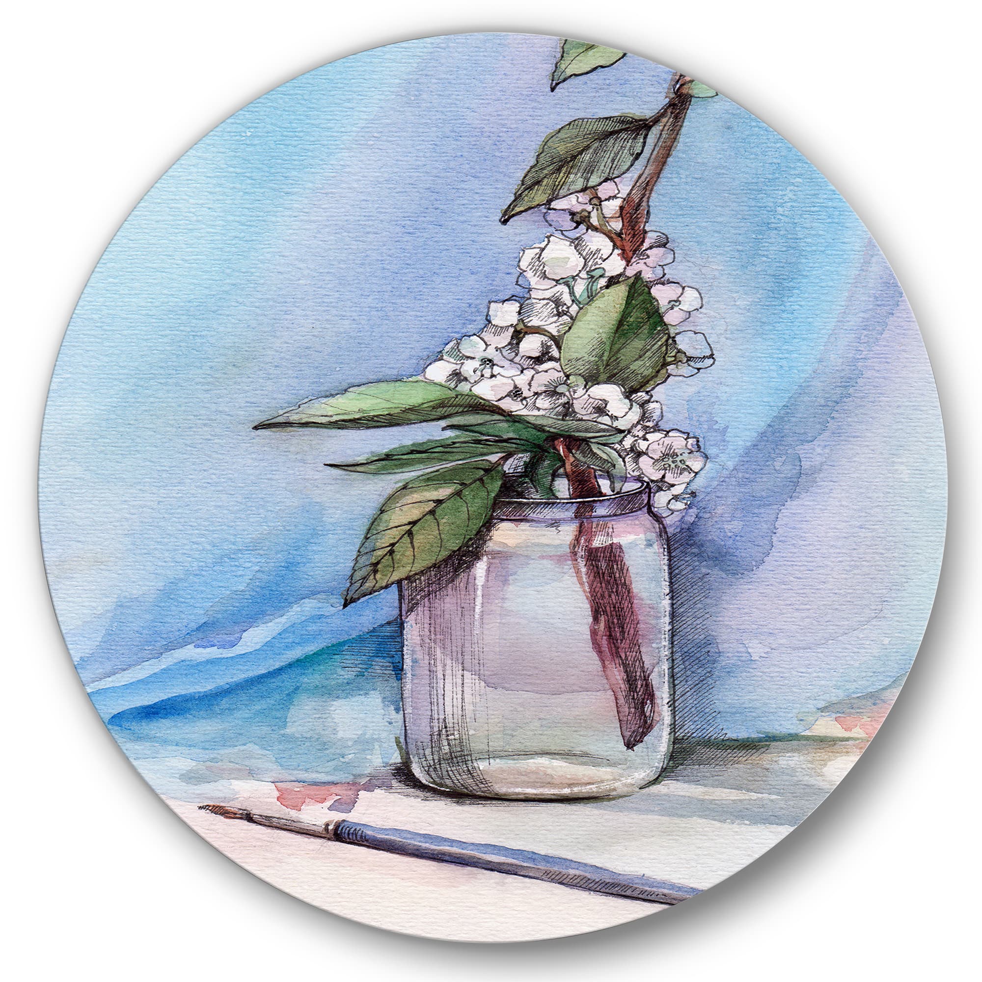 Designart - Cherry Blossom In Glass Jar - Farmhouse Metal Circle Wall Art