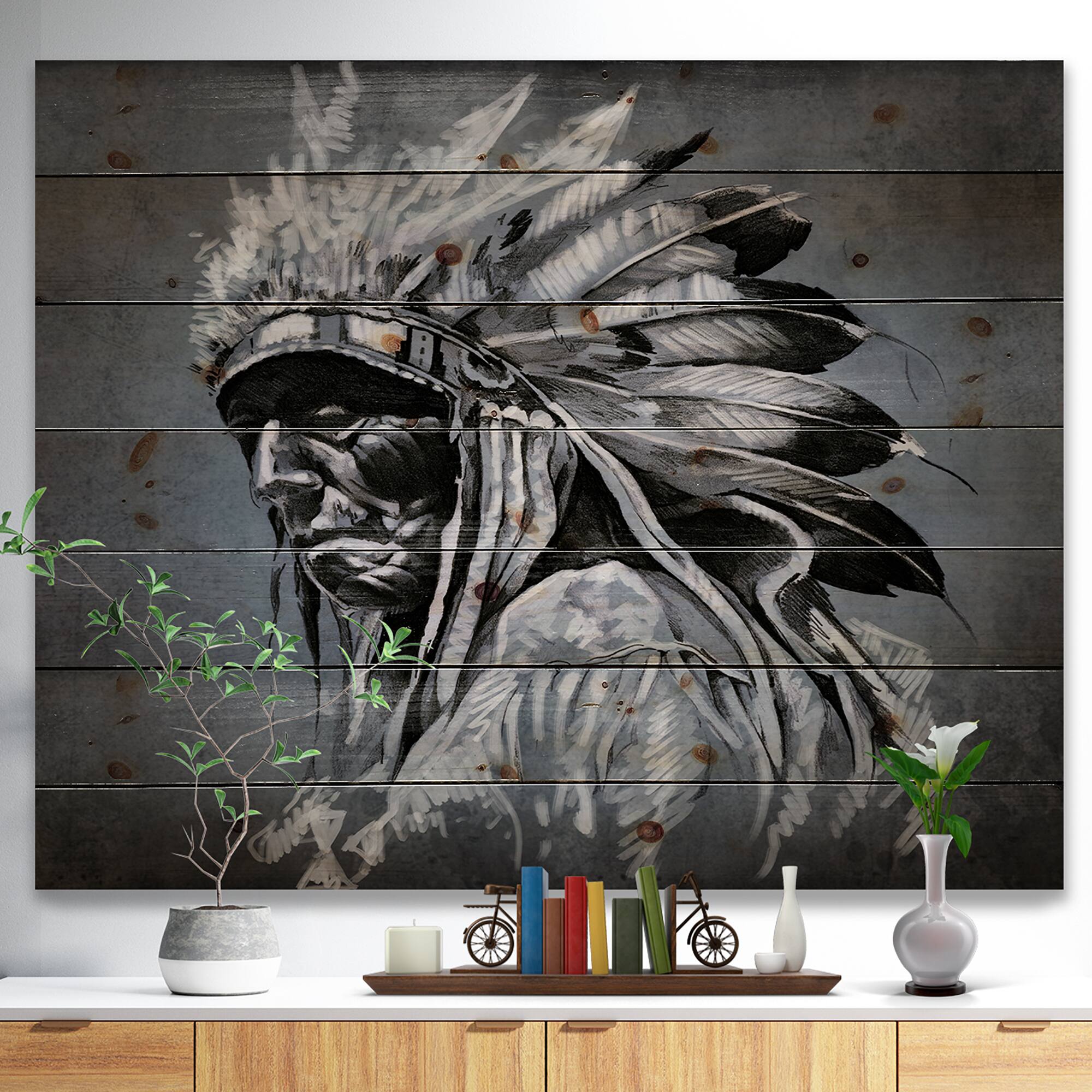 Designart - American Indian Tattoo Art - Portrait Print on Natural Pine Wood