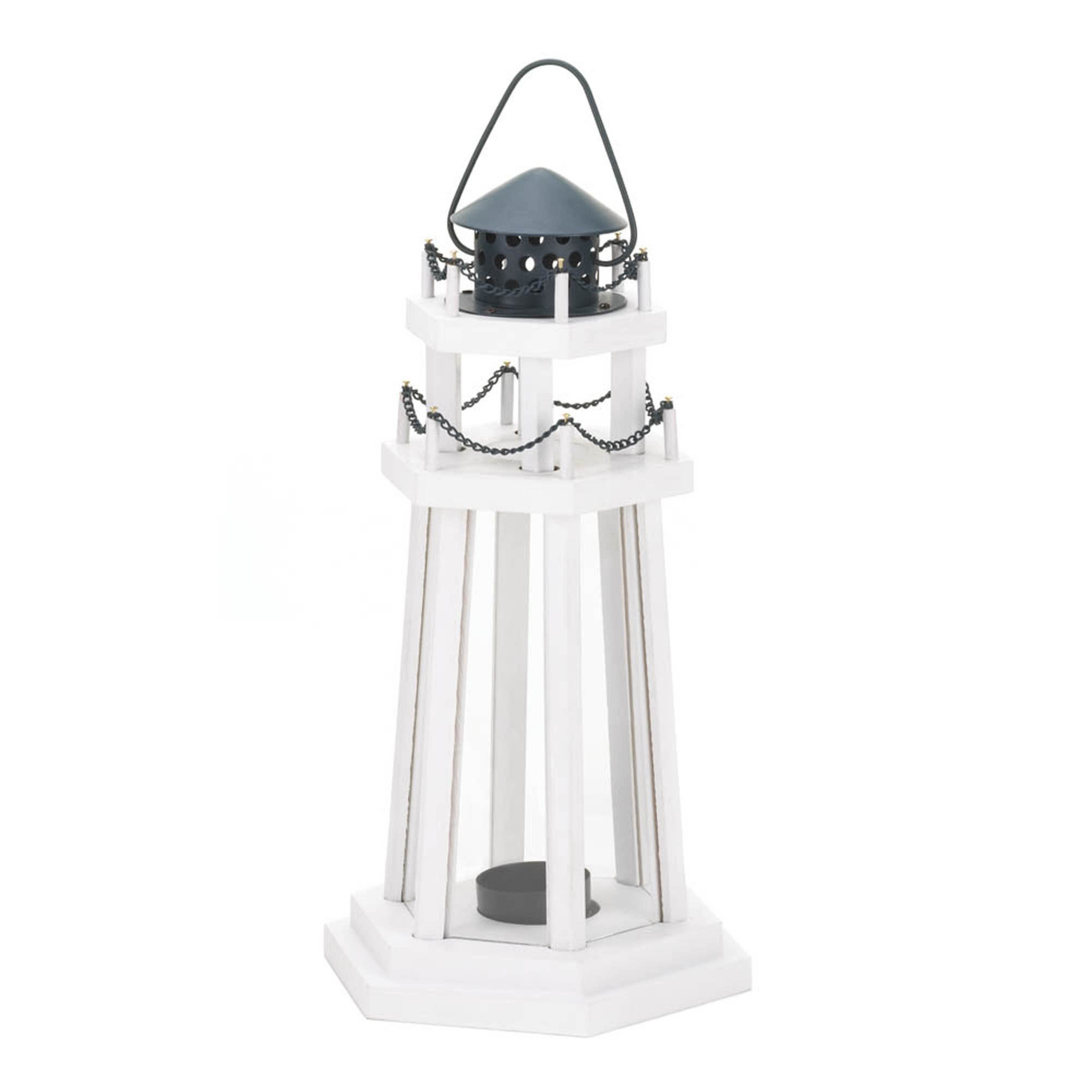 12.25&#x22; White Wooden Lighthouse Hanging Candle Lantern with Chain Detailing