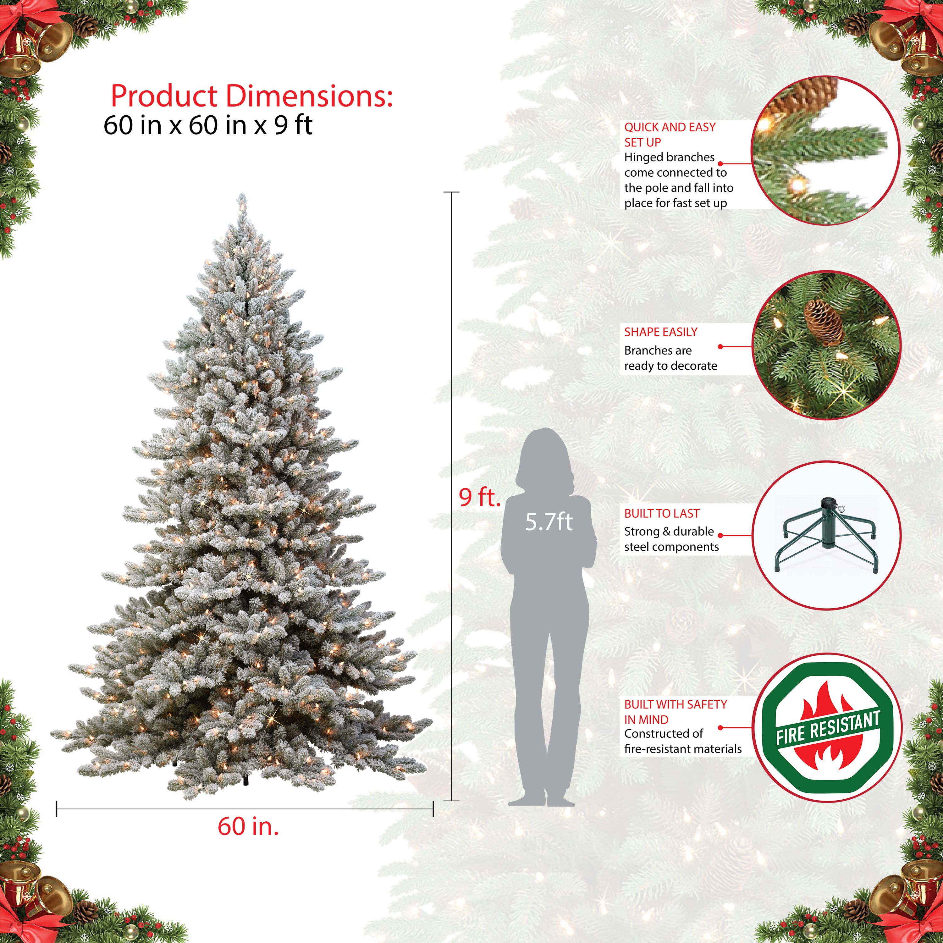 9ft. Pre-Lit Flocked Royal Majestic Spruce Artificial Christmas Tree, Clear Lights