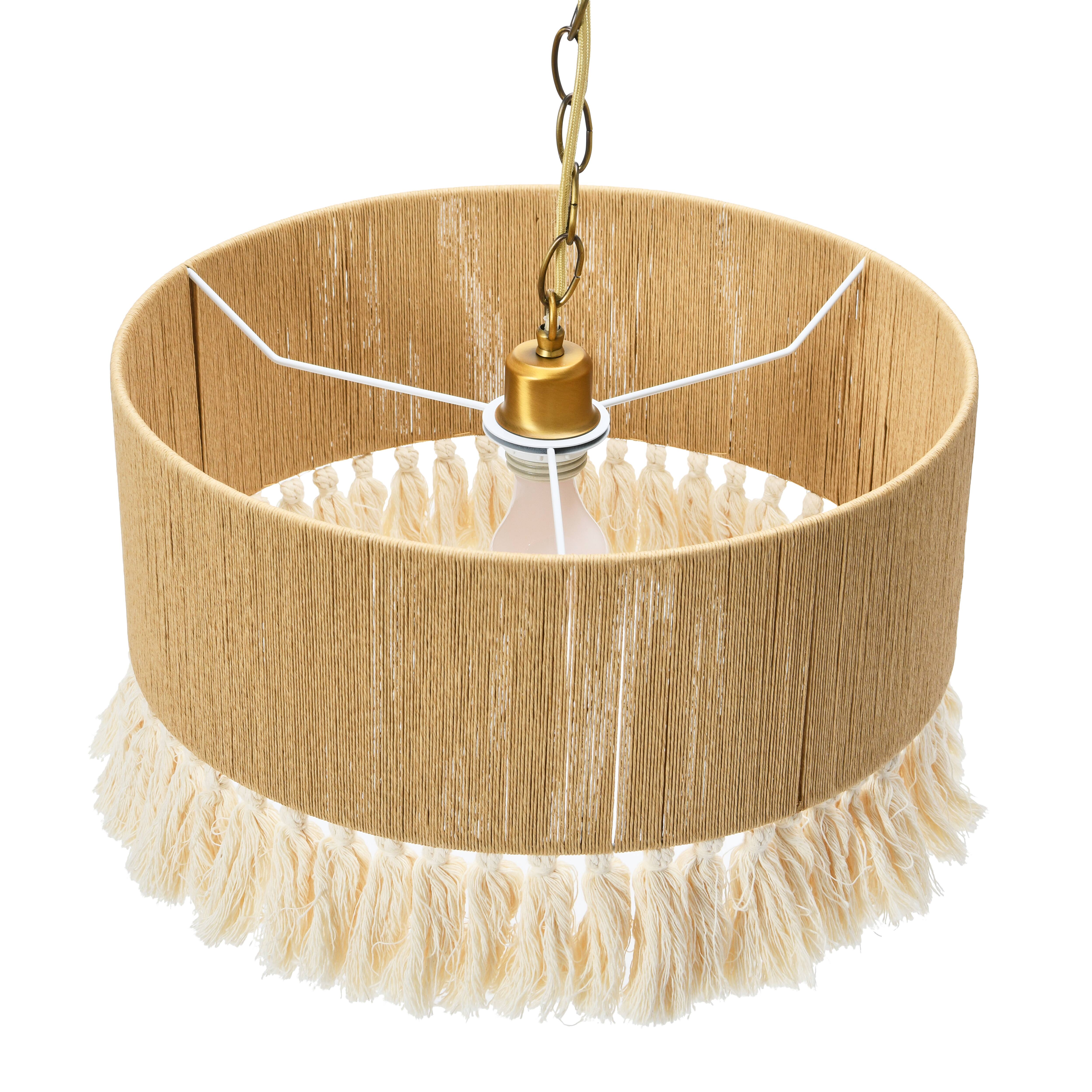Hello Honey&#xAE; 16&#x22; Brown Coastal Pendant Lamp with Natural Paper Rope Shade, Fringe Detail and Iron Base