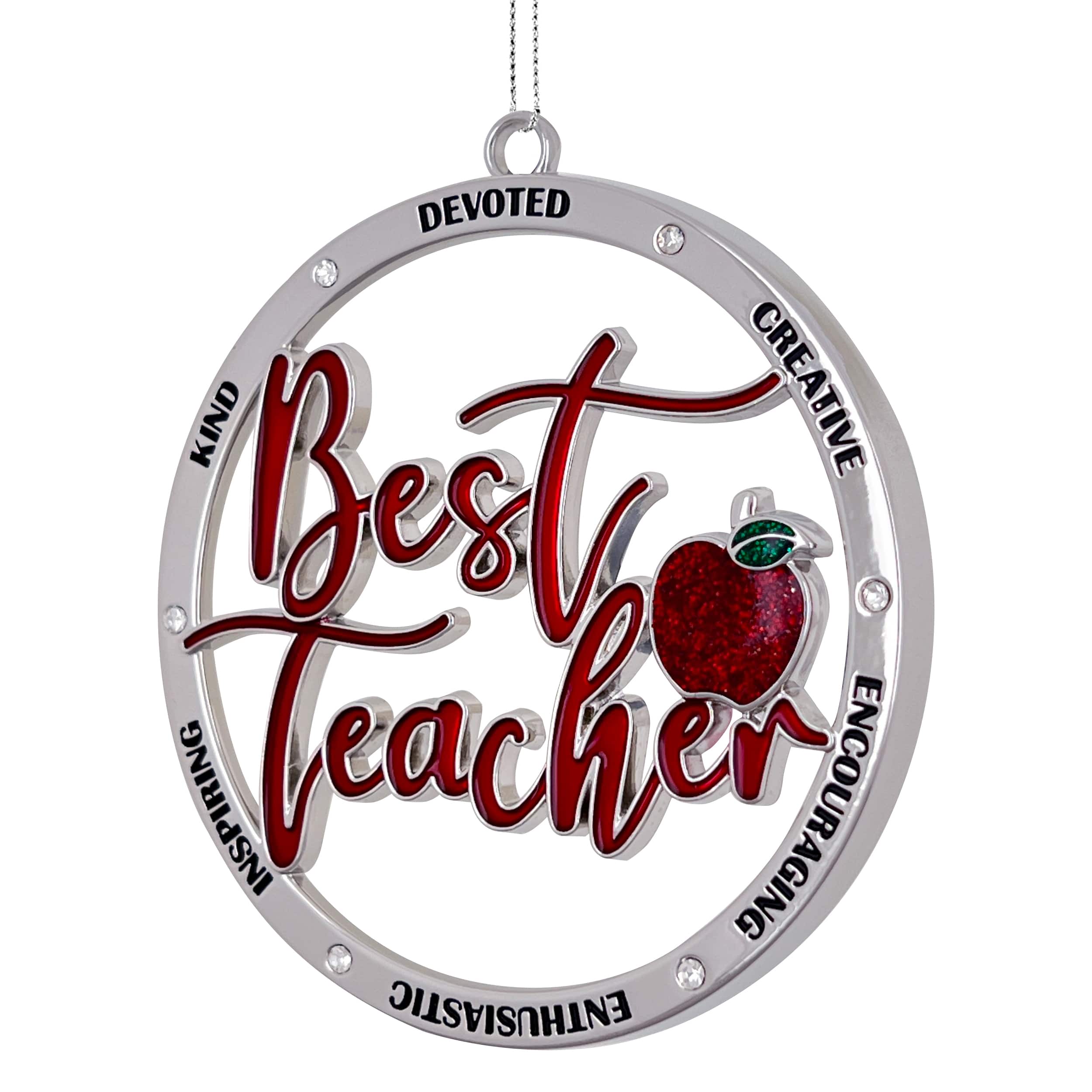 3&#x22; Red &#x26; Silver Best Teacher Round Enameled Metal Ornament by Ashland&#xAE;