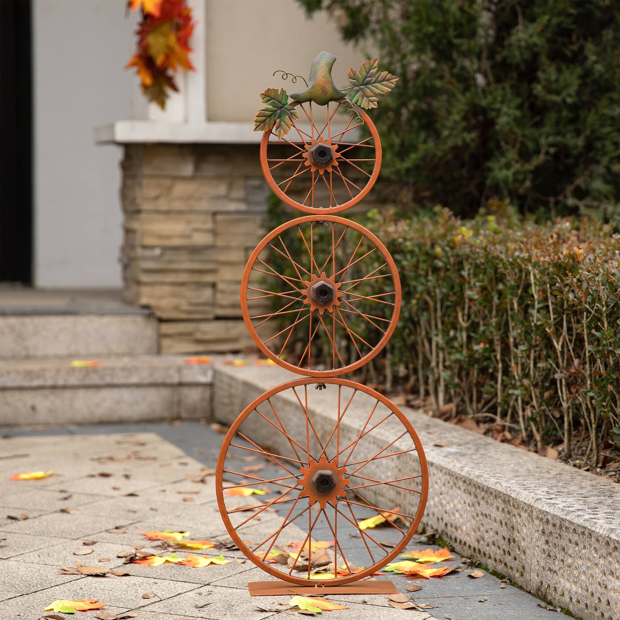 Glitzhome&#xAE; 33.25&#x22; Fall Metal Bicycle Wheel Pumpkin Porch D&#xE9;cor