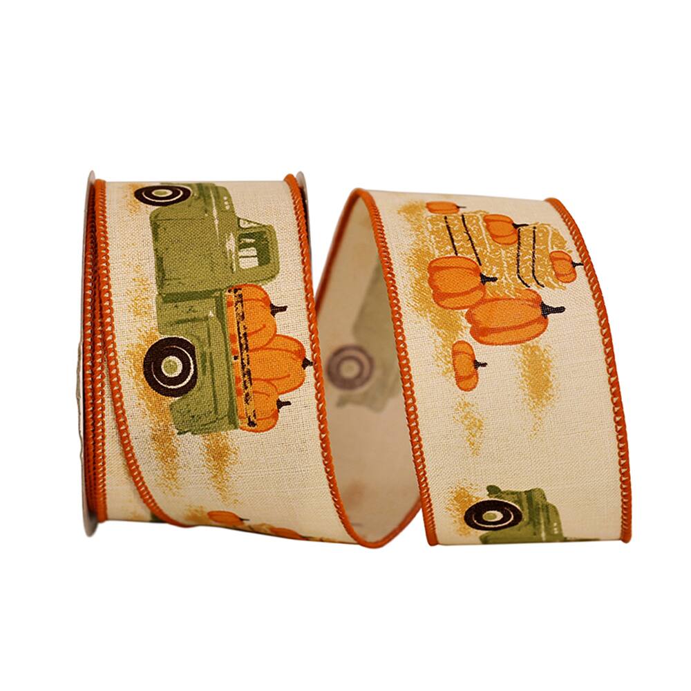 Reliant 2.5" x 10yd. Faux Linen Wired Pickup Truck with Pumpkins Ribbon