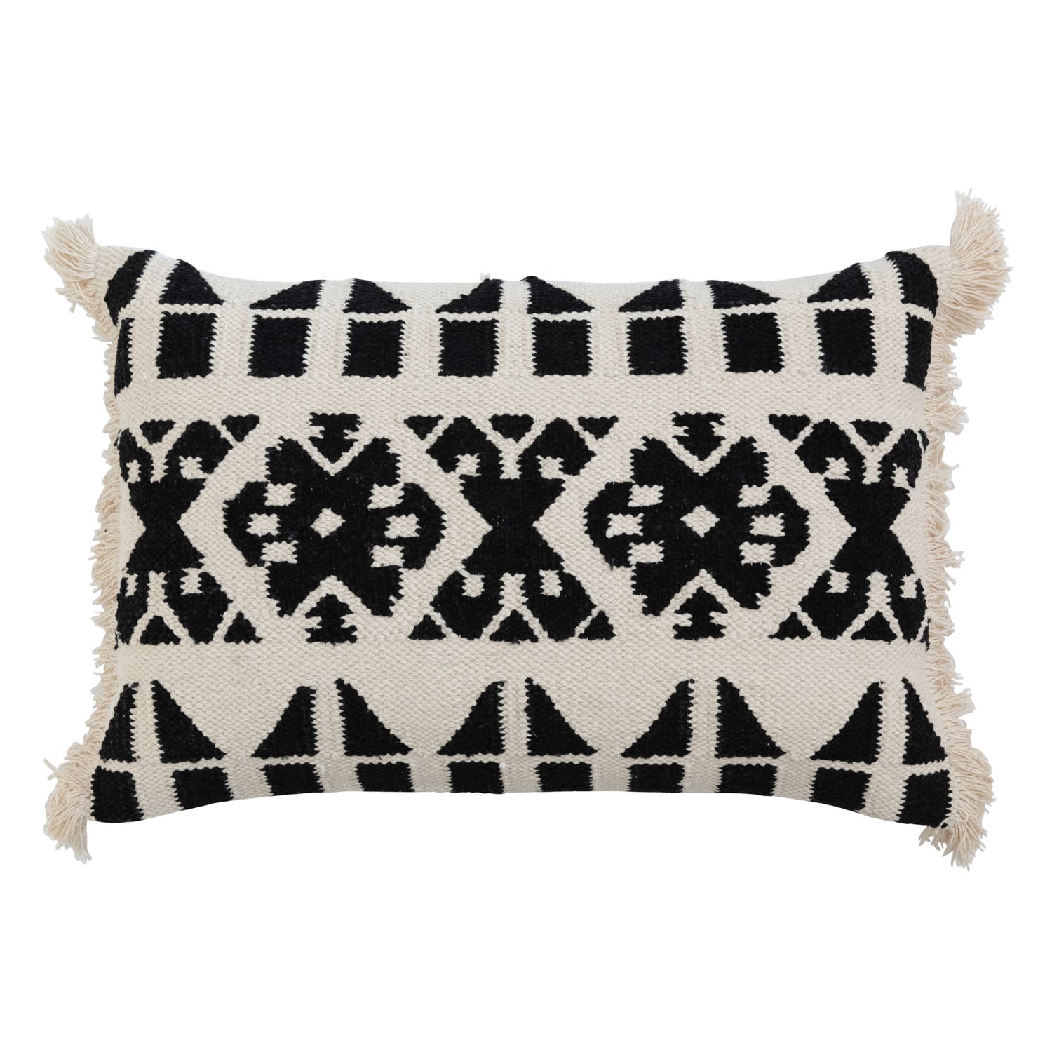 Hello Honey® Black and White Handwoven Cotton Kilim Lumbar Pillow Cover with Pattern and Fringe