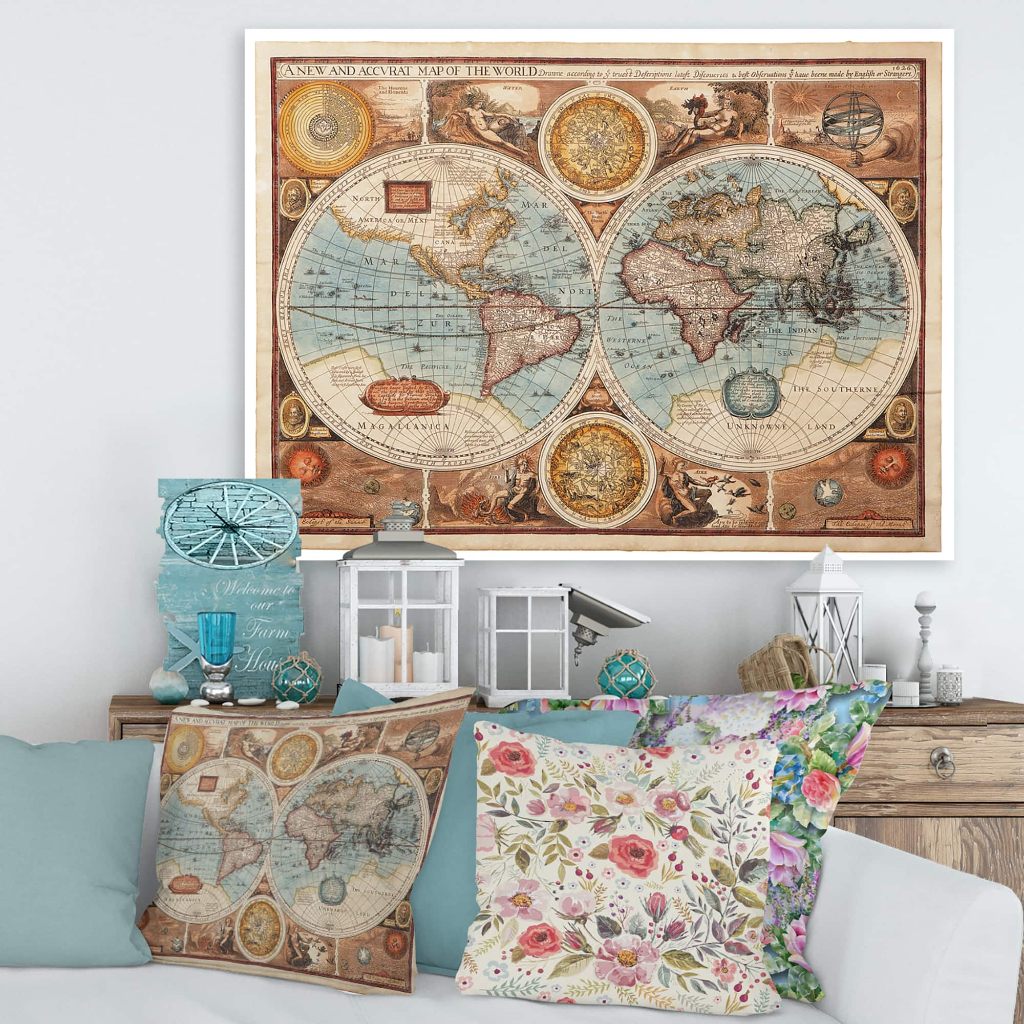 Designart - Ancient Map of The World VIII - Vintage Canvas Wall Art Print