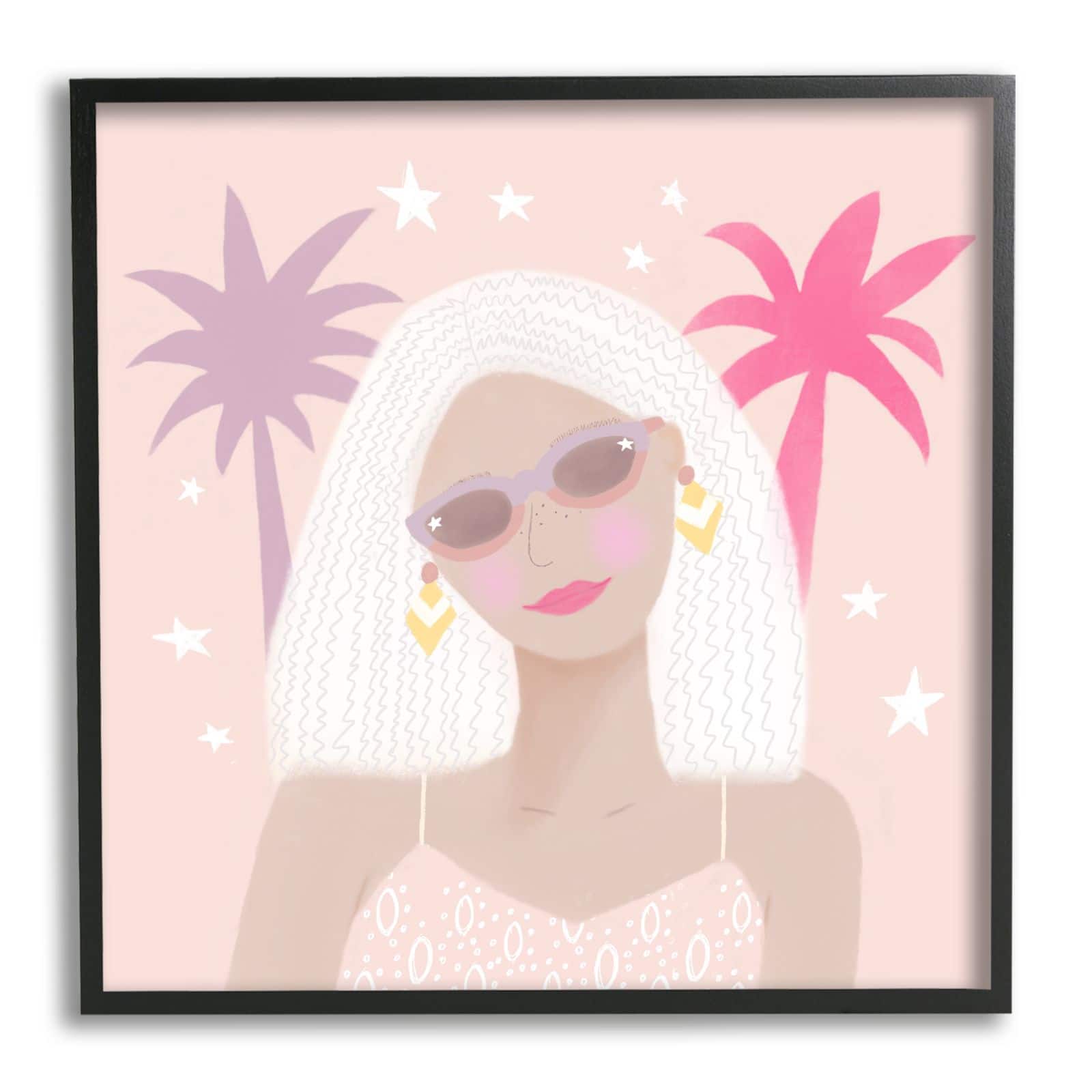 Stupell Industries Tropical Girl Fashionista Pink Palm Trees Starry Sky Framed Wall Art