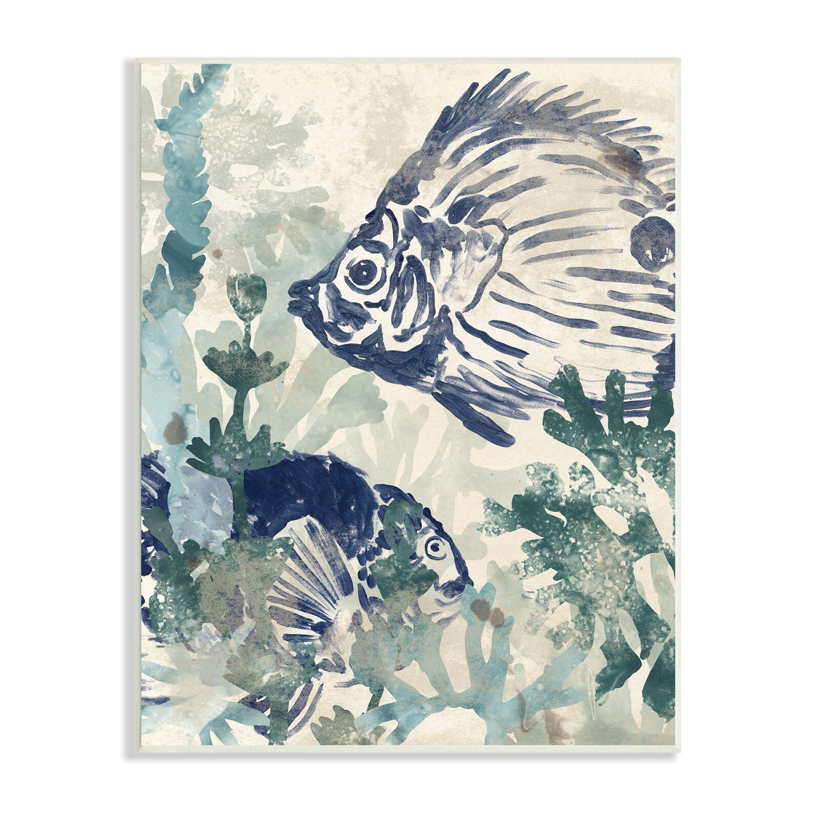 Stupell Industries Abstract Seafloor Fresco Tropical Blue Fish Distressed Coral Wall Plaque