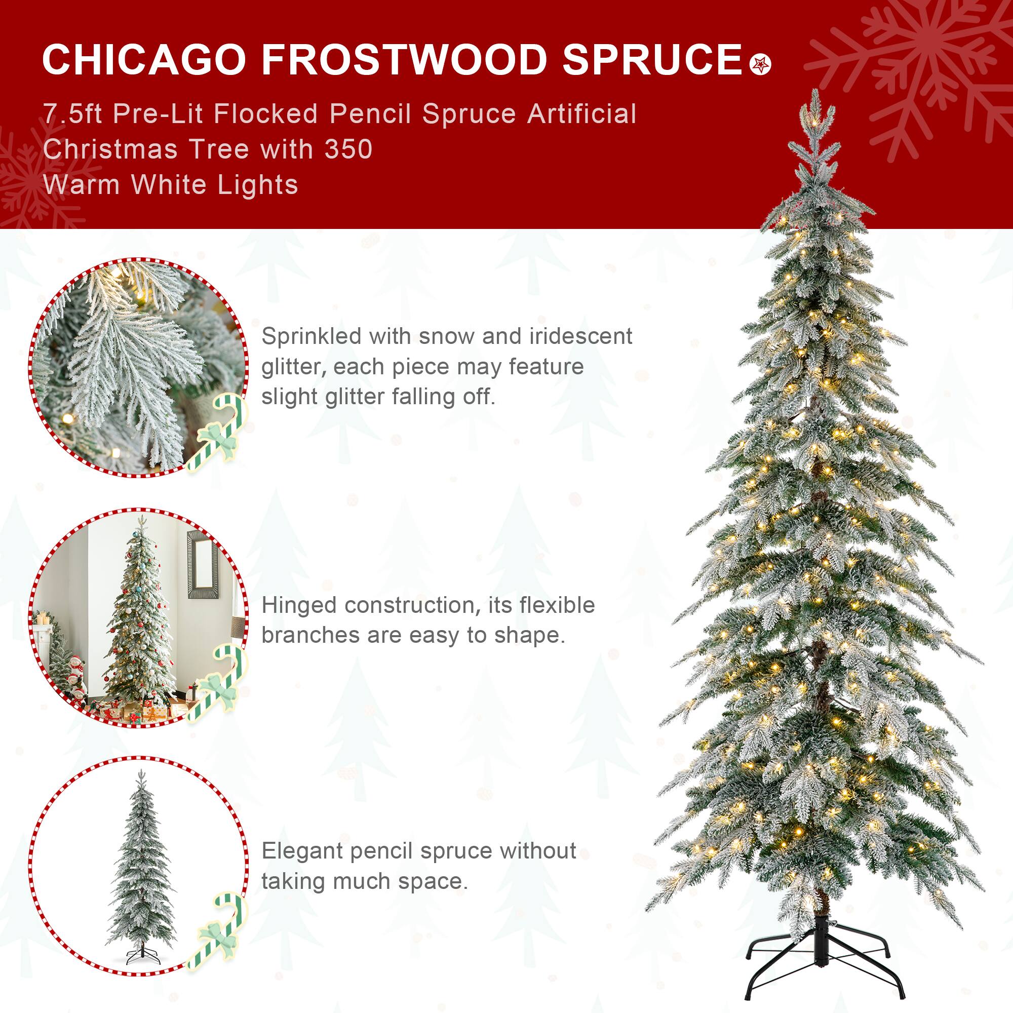 7.5ft. Pre-Lit Flocked Pencil Spruce Christmas Tree Kit with Ornaments, Tree Skirt &#x26; Santa Figurine