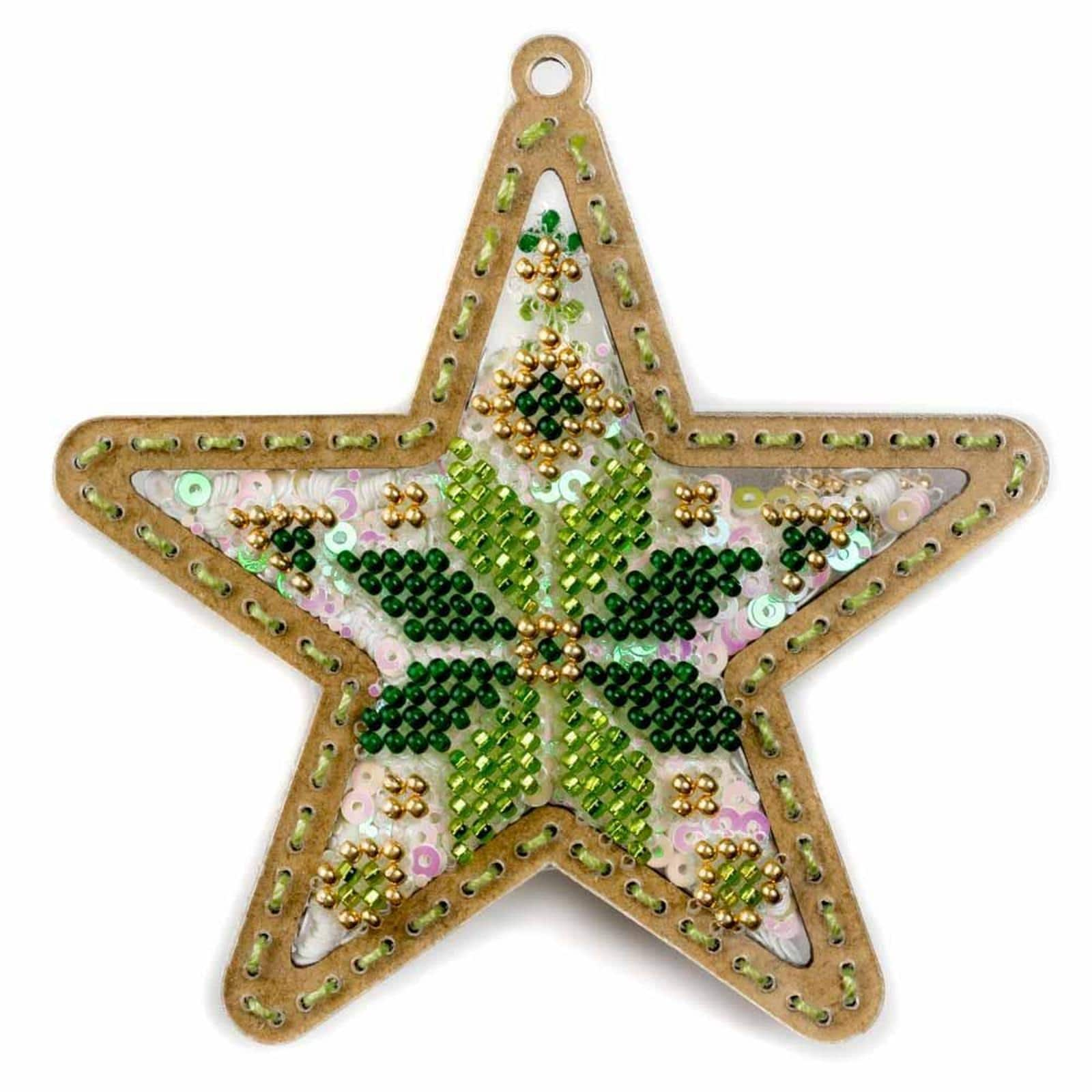 Wonderland Crafts Green &#x26; Gold Star Christmas Ornament Bead Embroidery Kit