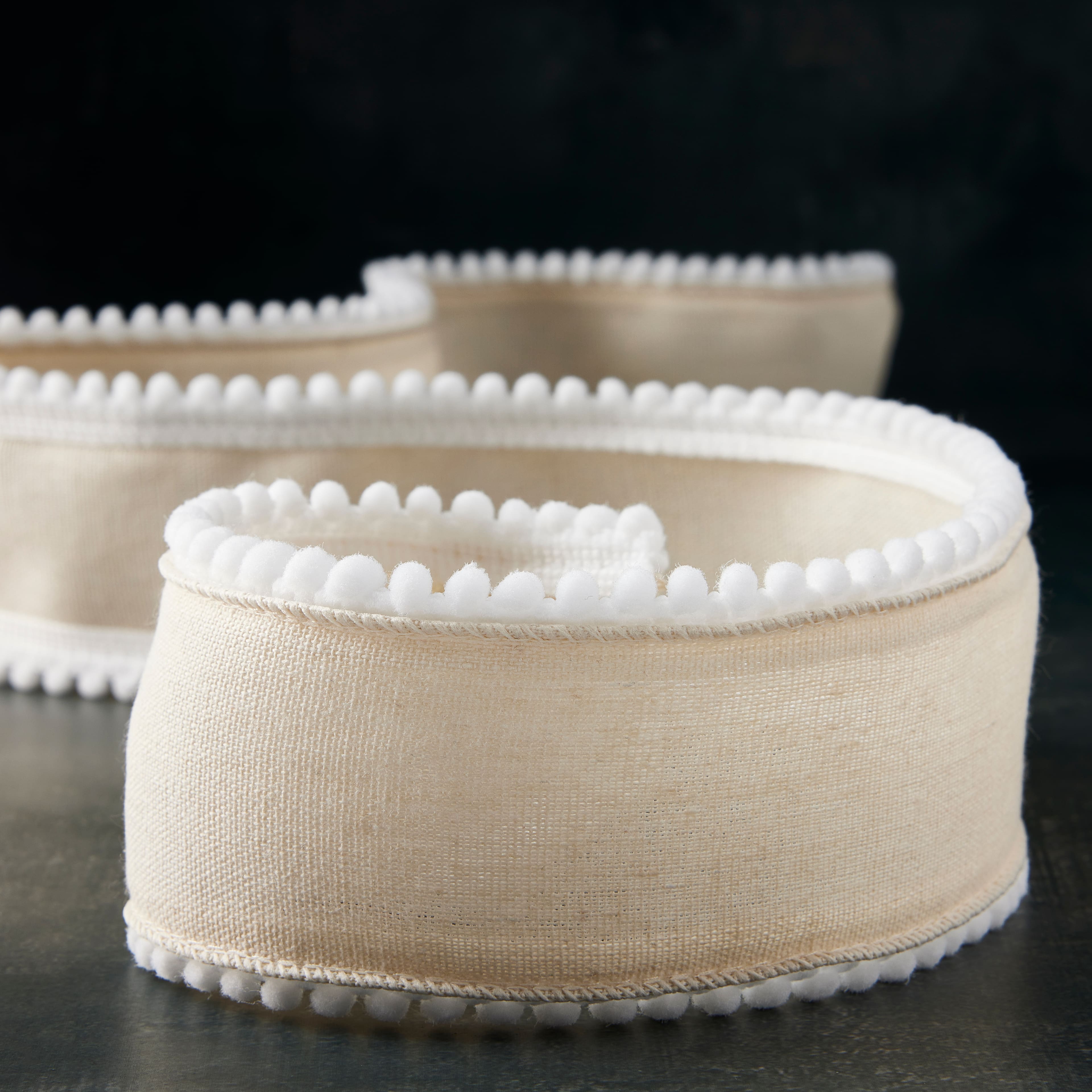 2.5&#x22; x 2yd. Faux Burlap with Pom Pom Trim Ribbon by Celebrate It&#xAE;