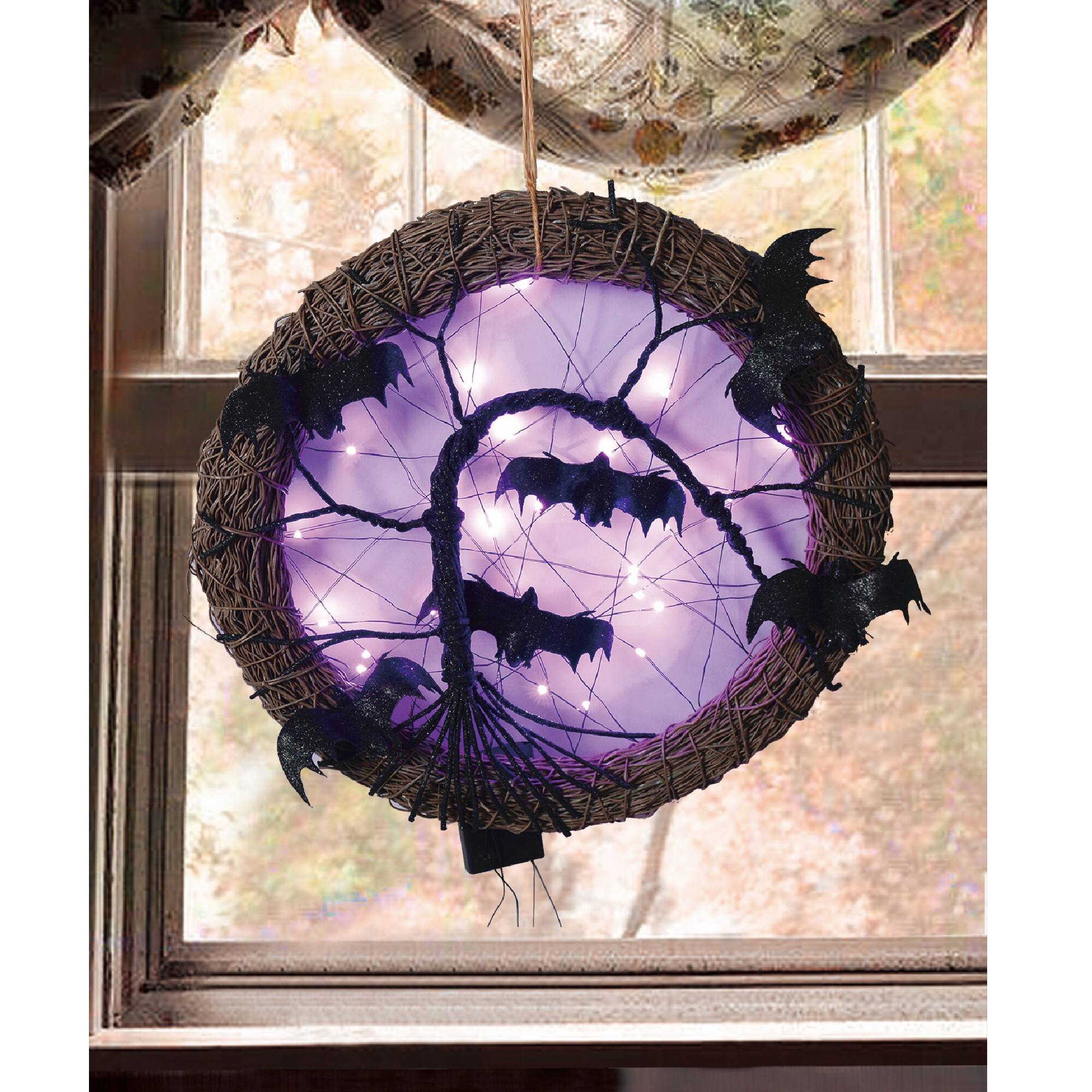 15" LED Rattan with Bats Halloween Wreath