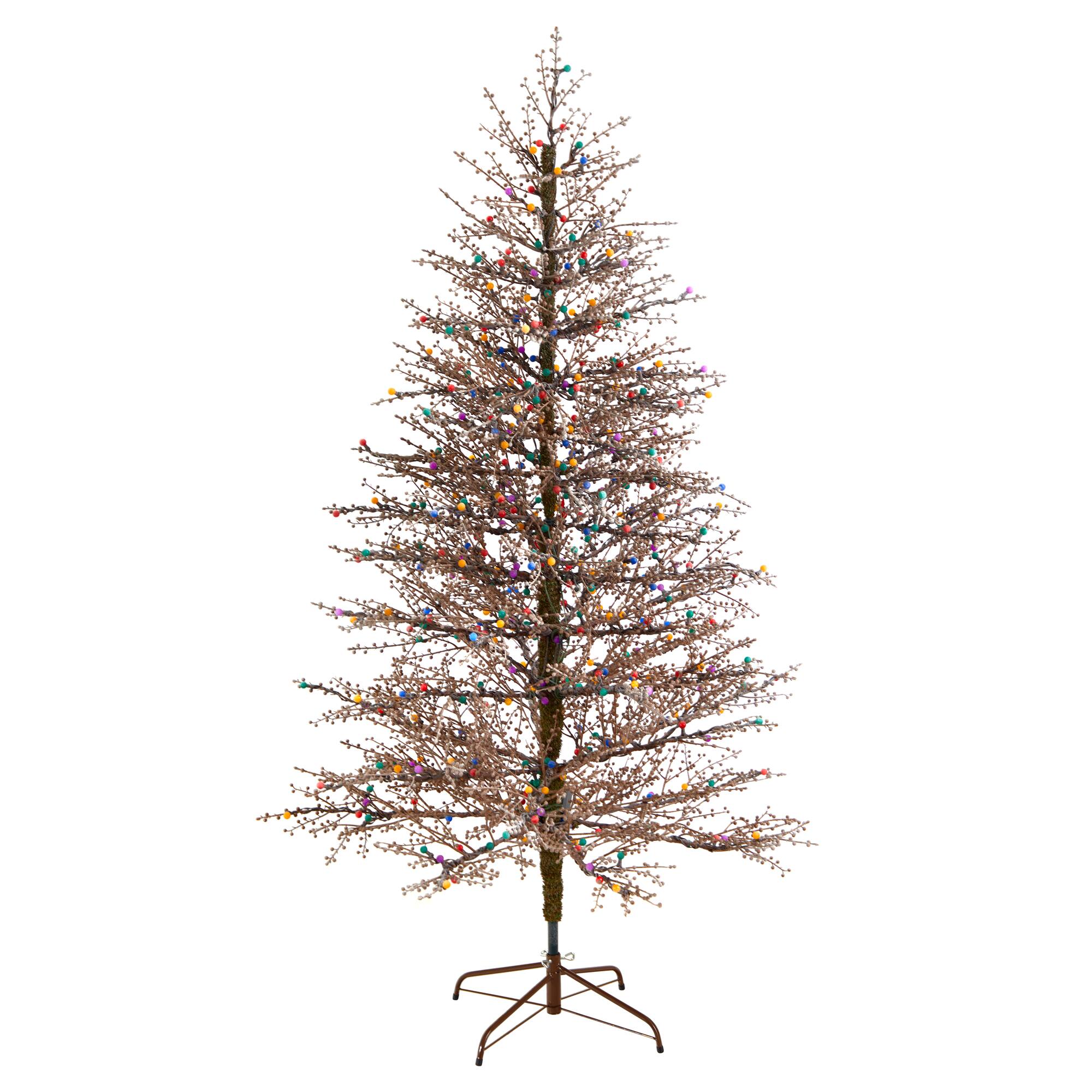 7ft. Pre-Lit Frosted Berry Twig Artificial Christmas Tree, Multicolor Gum Ball LED Lights