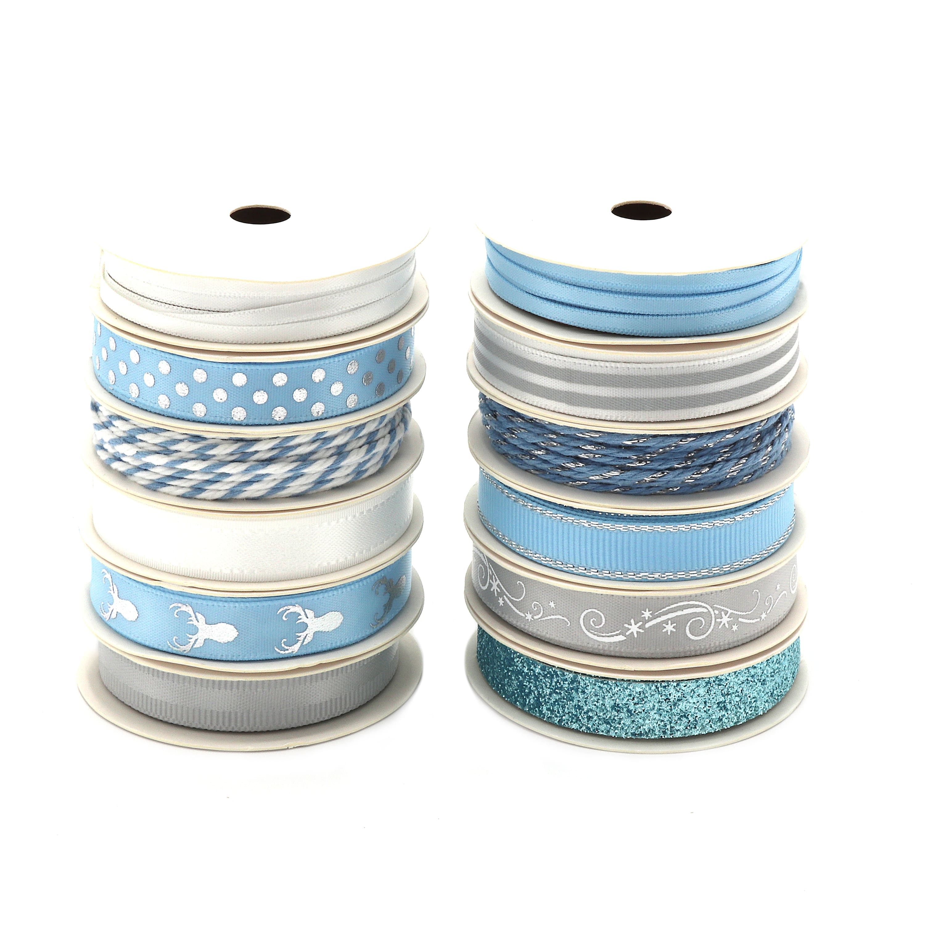 Gwen Studios 3/8" x 2yd. Silver & Blue Holiday Ribbon Pack, 24ct.