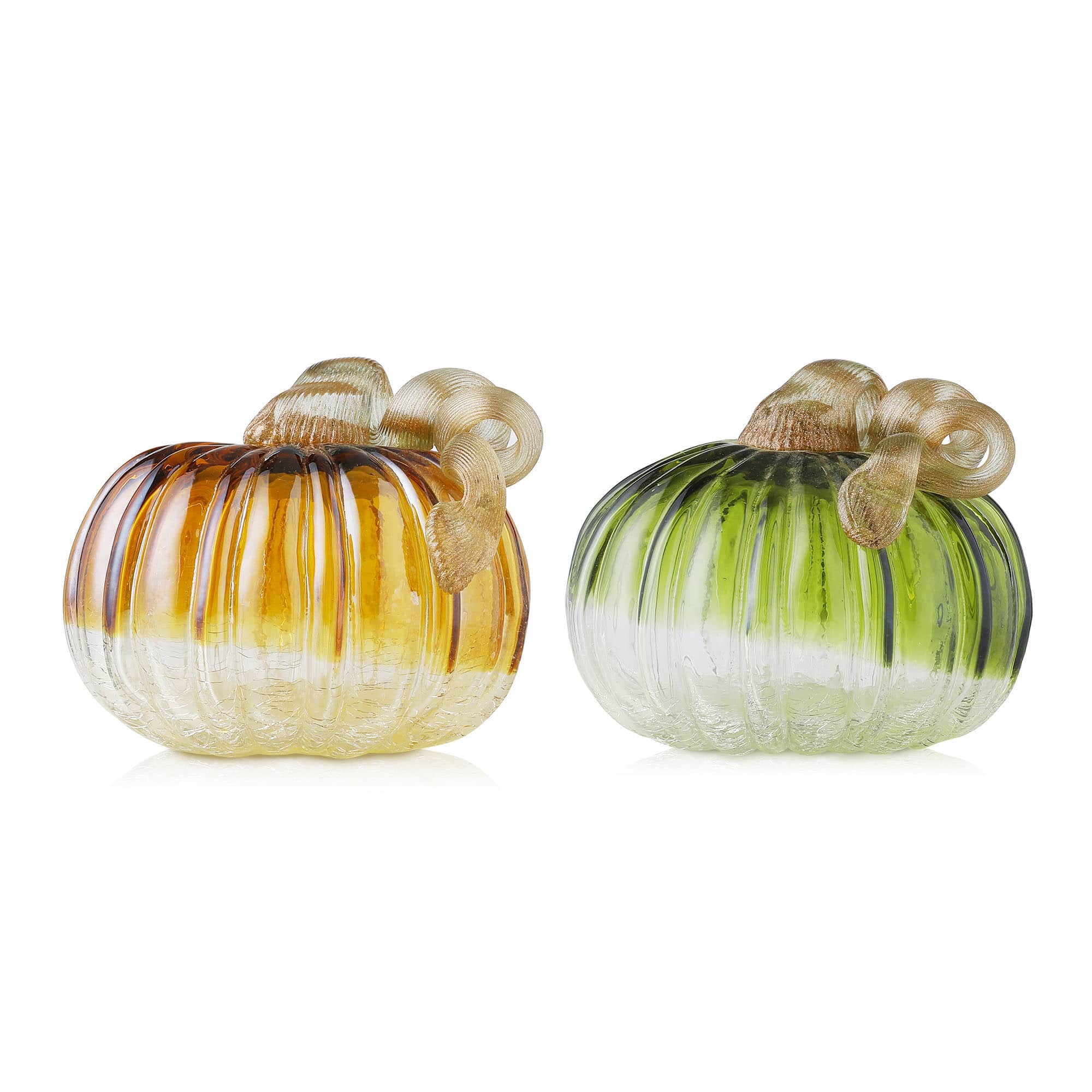 Glitzhome® Green & Amber Crackle Glass Short Pumpkin Set
