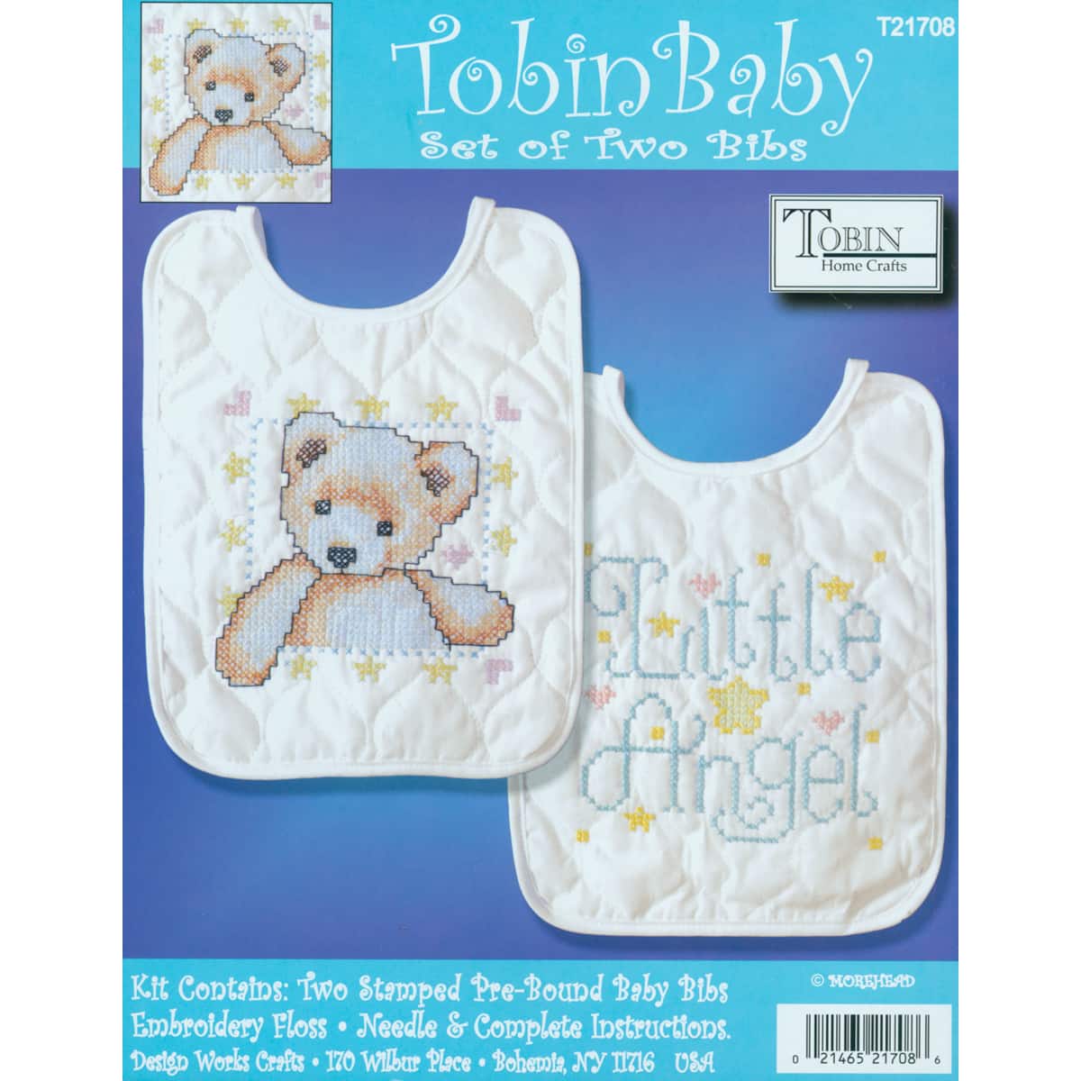 Tobin Bear & Angel Stamped Cross Stitch Bib Pair Kit