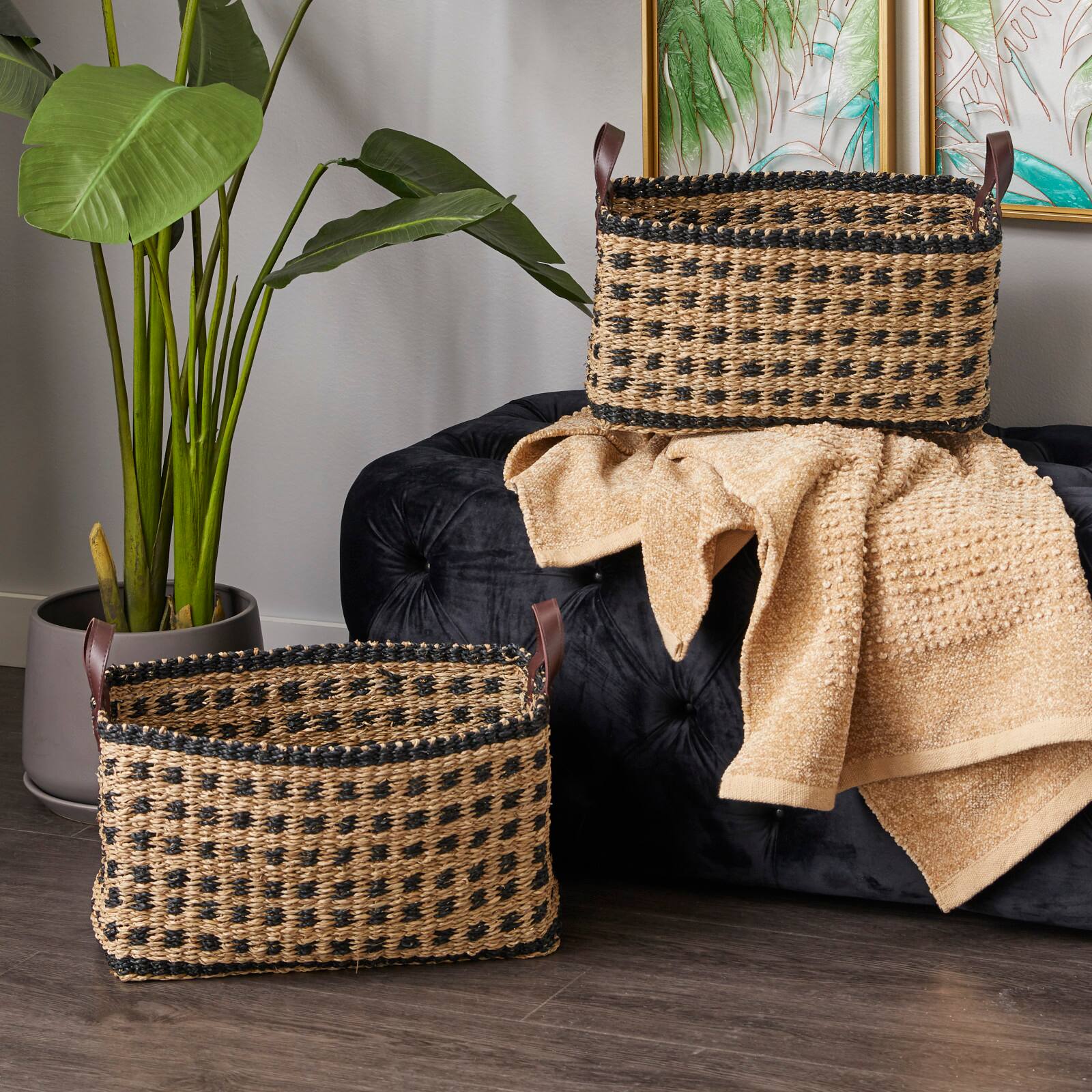 Natural & Black Weaved Coastal Storage Basket Set Michaels