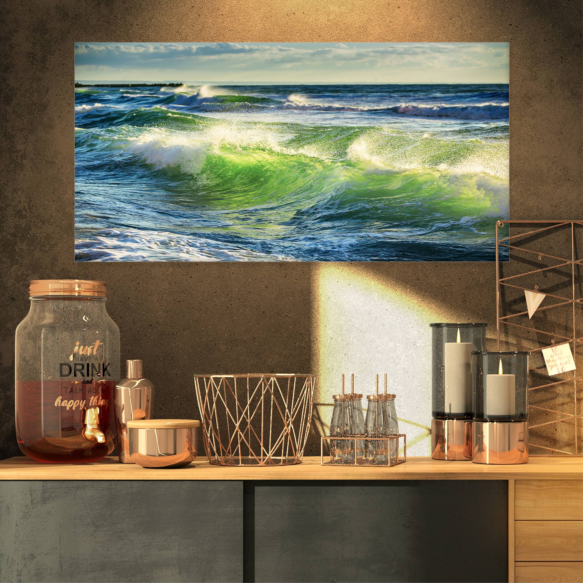 Designart - Sunrise and Shining Waves in Ocean - Beach Photo Canvas Print